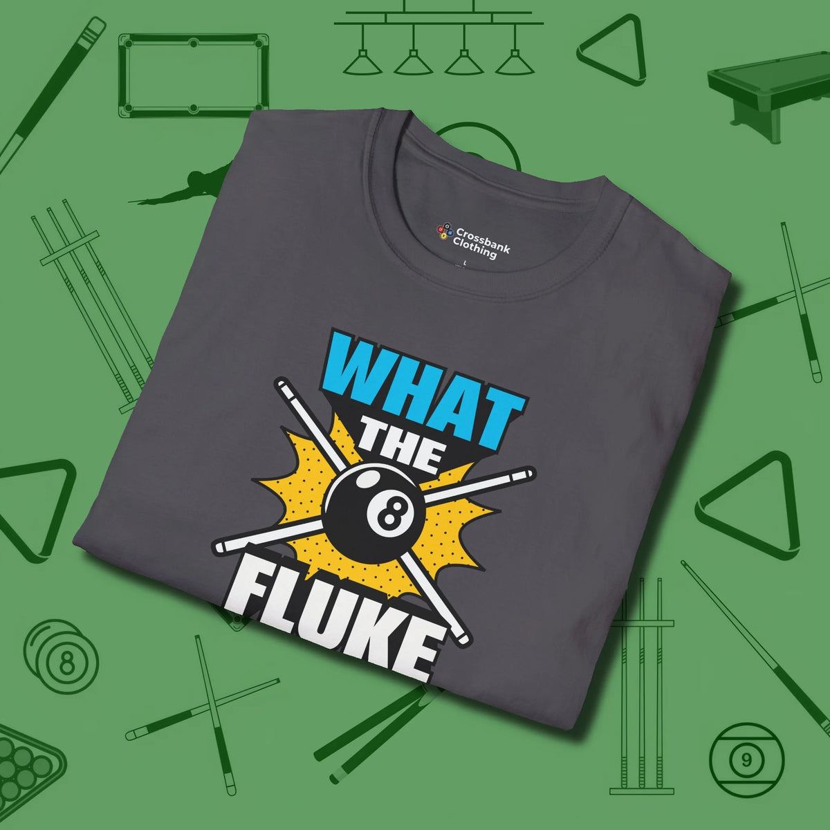 What The Fluke Funny T-Shirt, folded view, in Charcoal confidence stitched in every seam