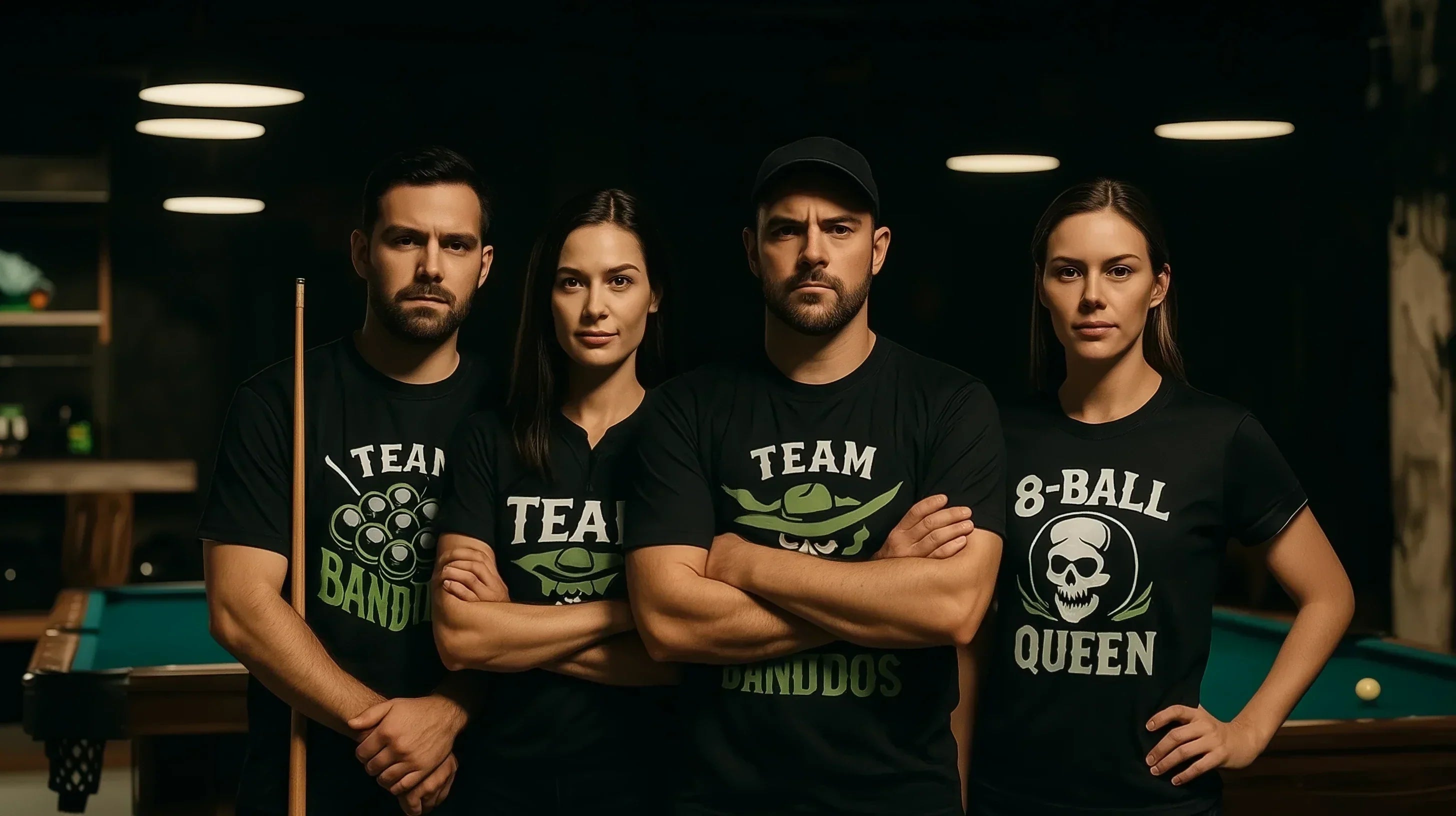 4 serious looking pool players in black custom t-shirts