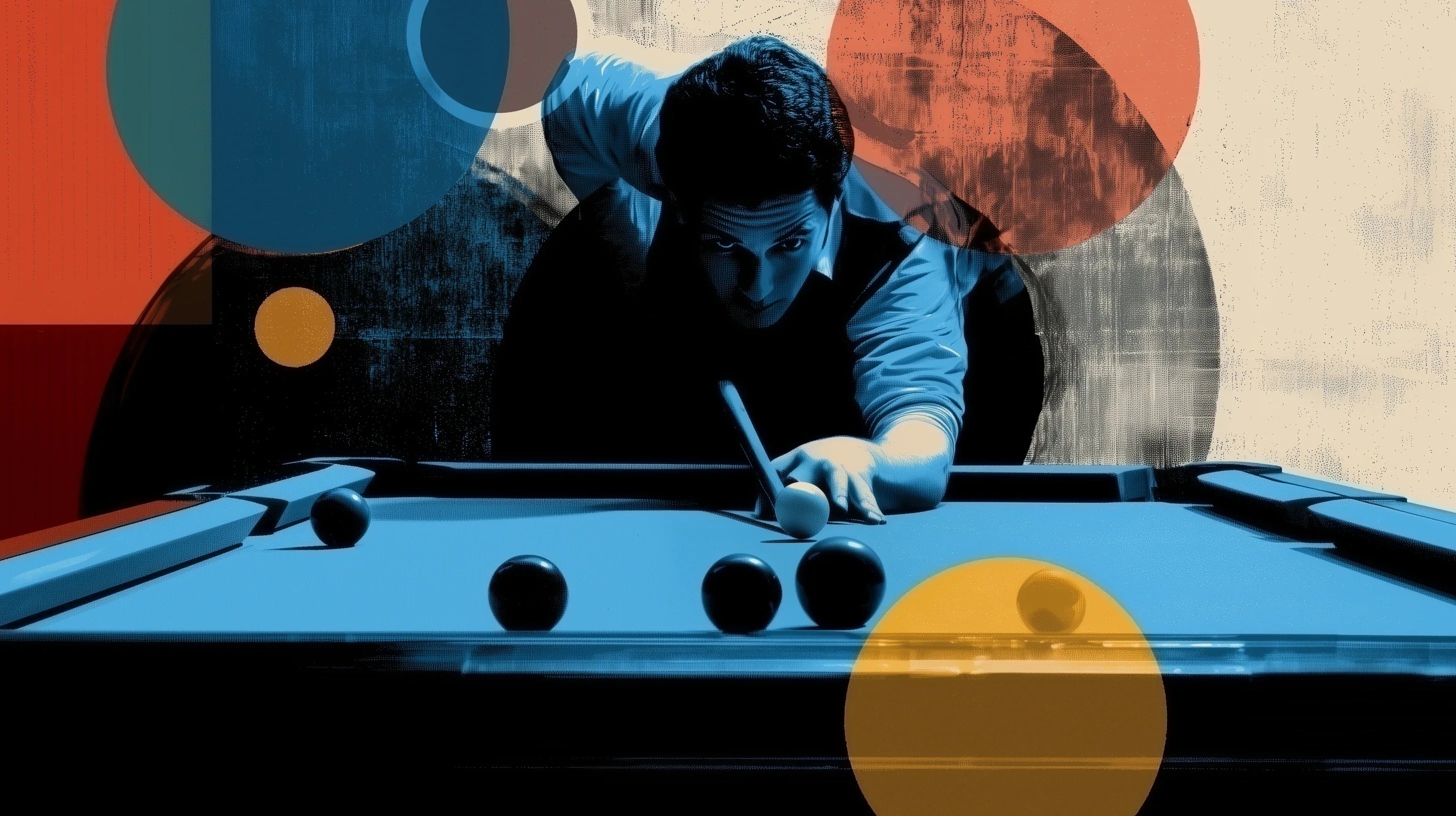 Stylized pool player lining up a shot