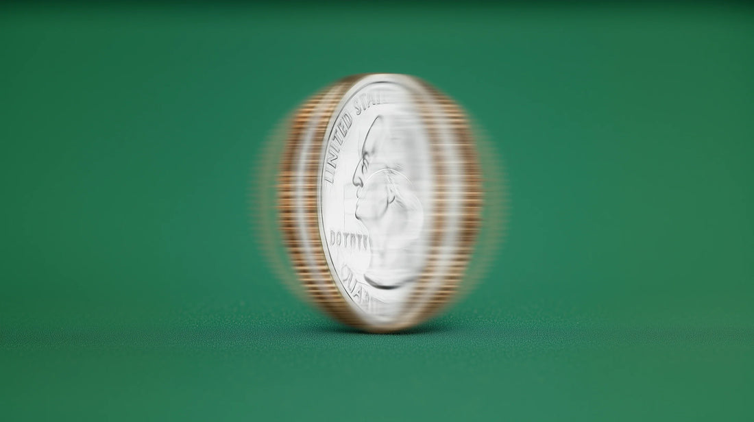 a spinning quarter on the surface of a green pool table