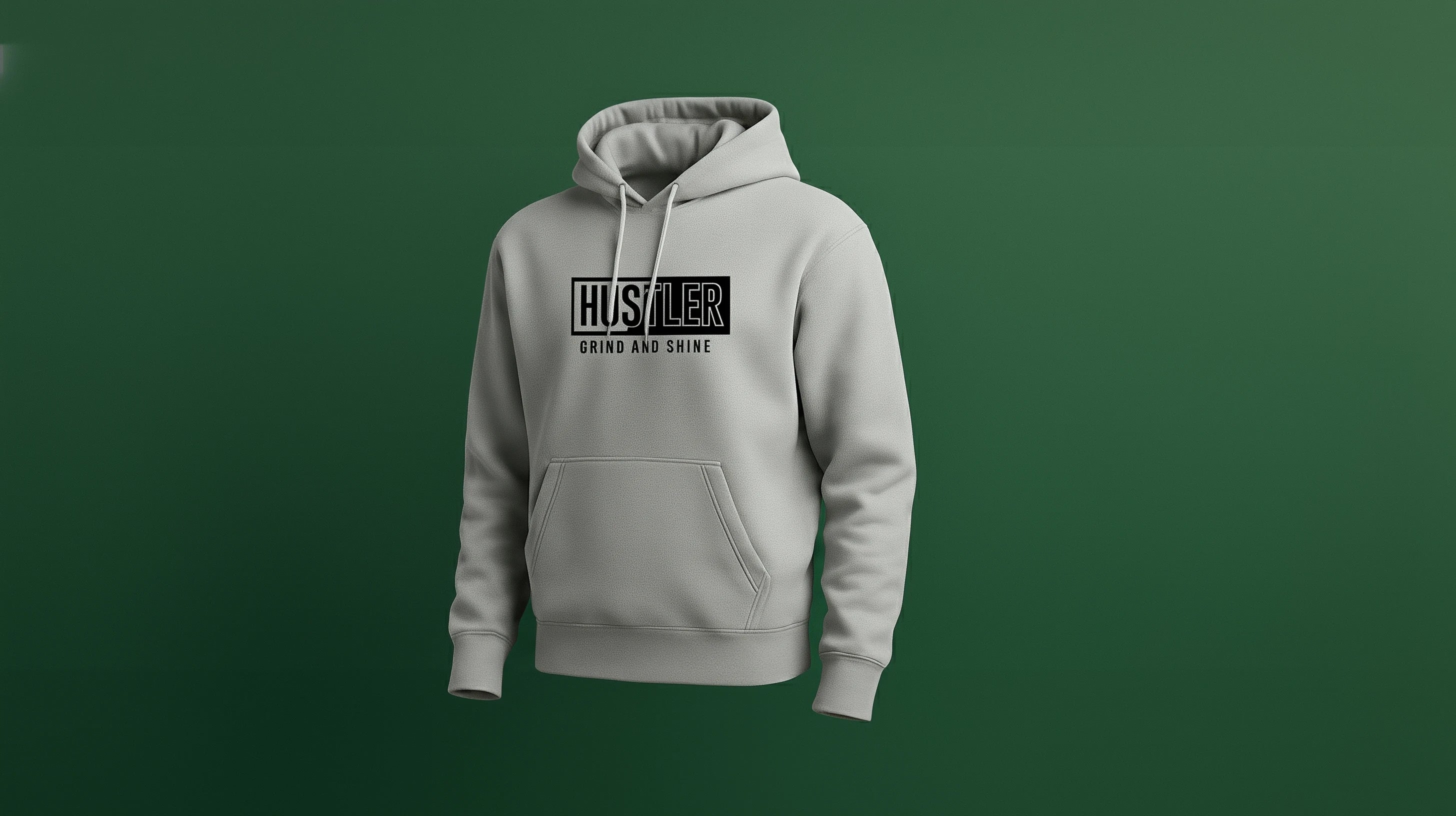 A sport grey hoodie with Hustler Grind and Shine on the front shown from a 3/4 perspective on a green backdrop