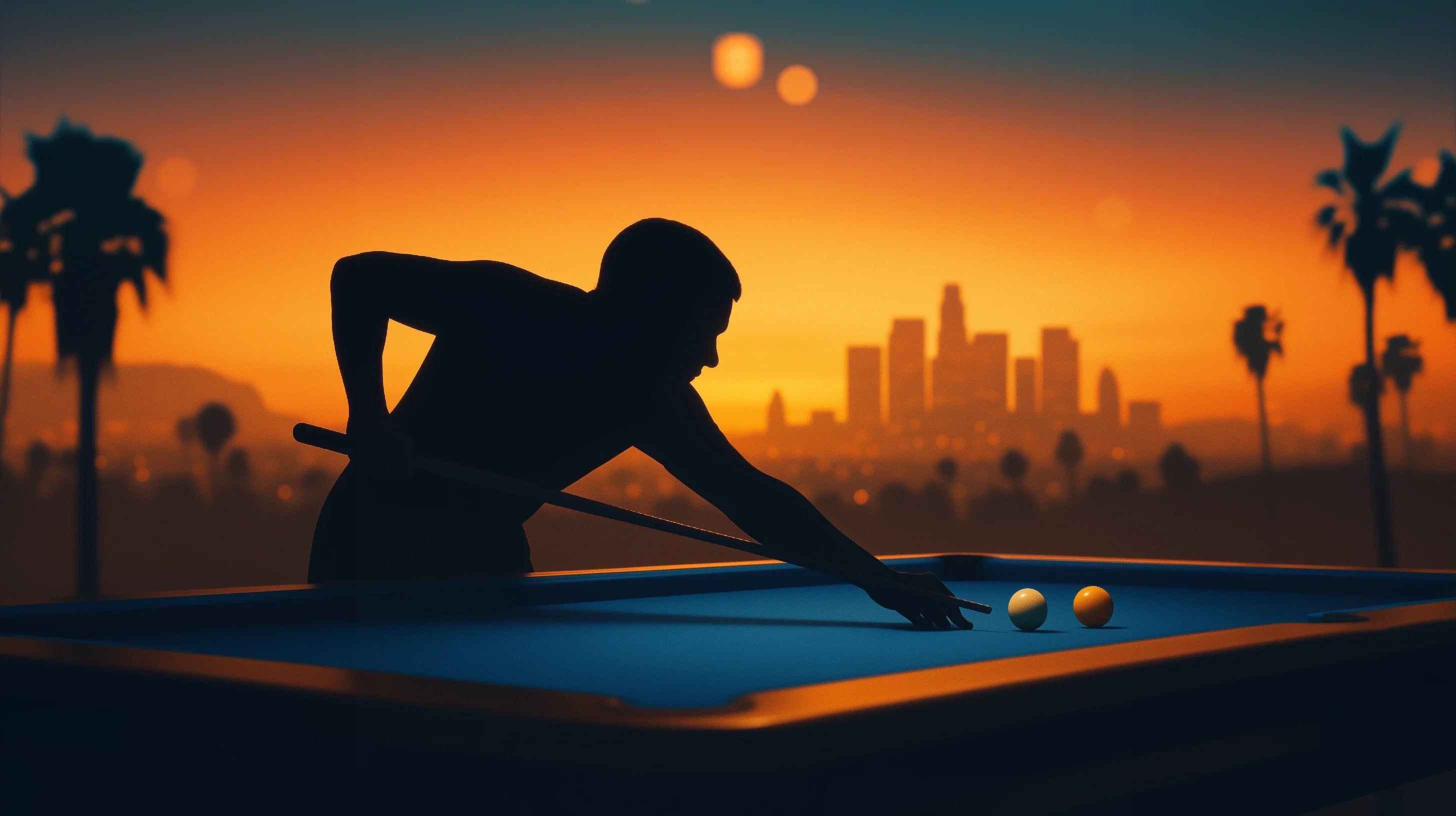 silhouetto of a pool player against a sunset cityscape scene