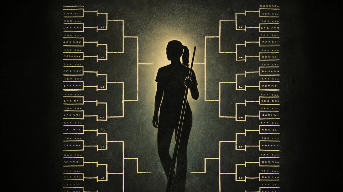 A silhouetto of a female pool player standing against a backdrop of a large tournament bracket