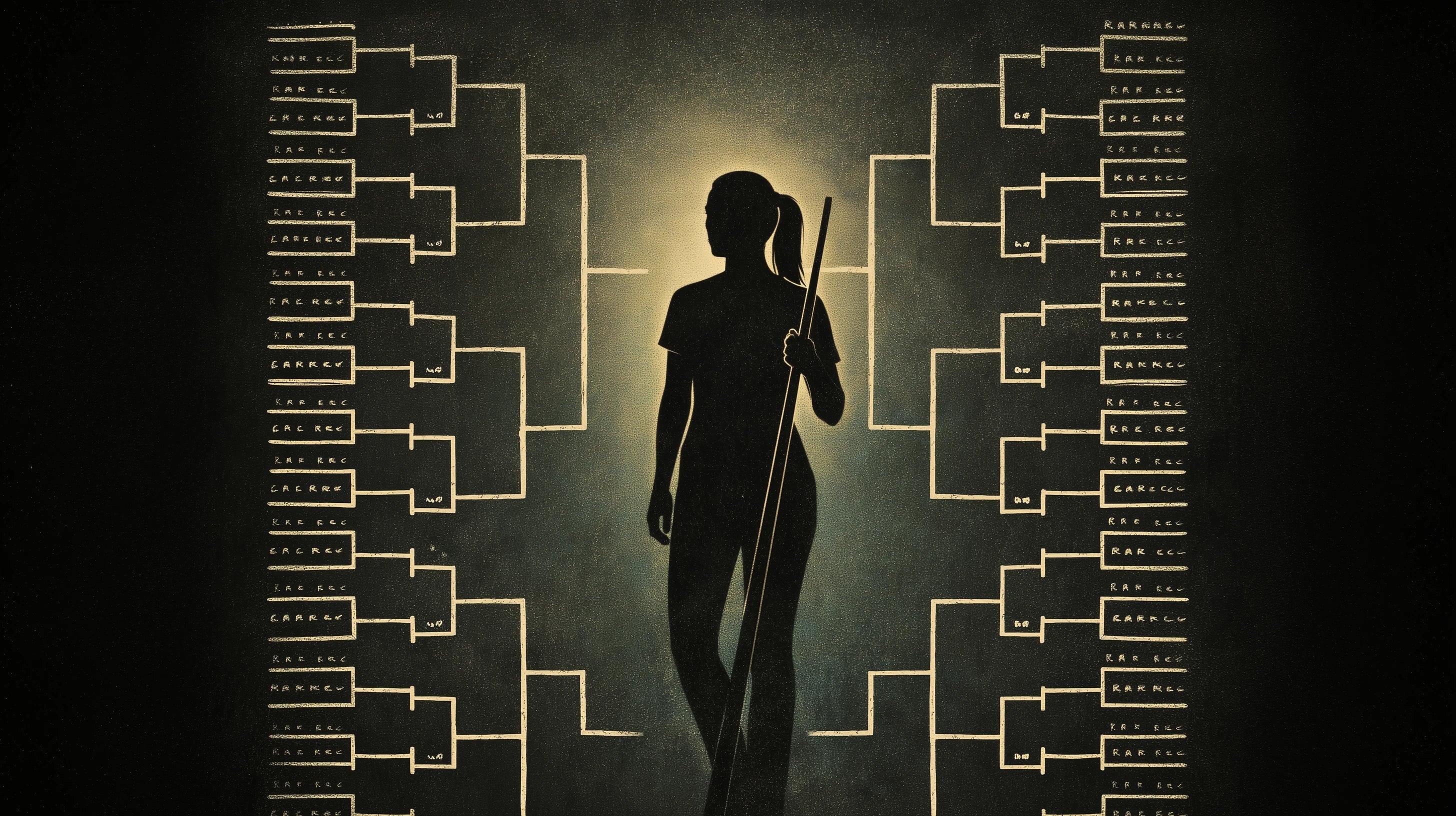 A silhouetto of a female pool player standing against a backdrop of a large tournament bracket