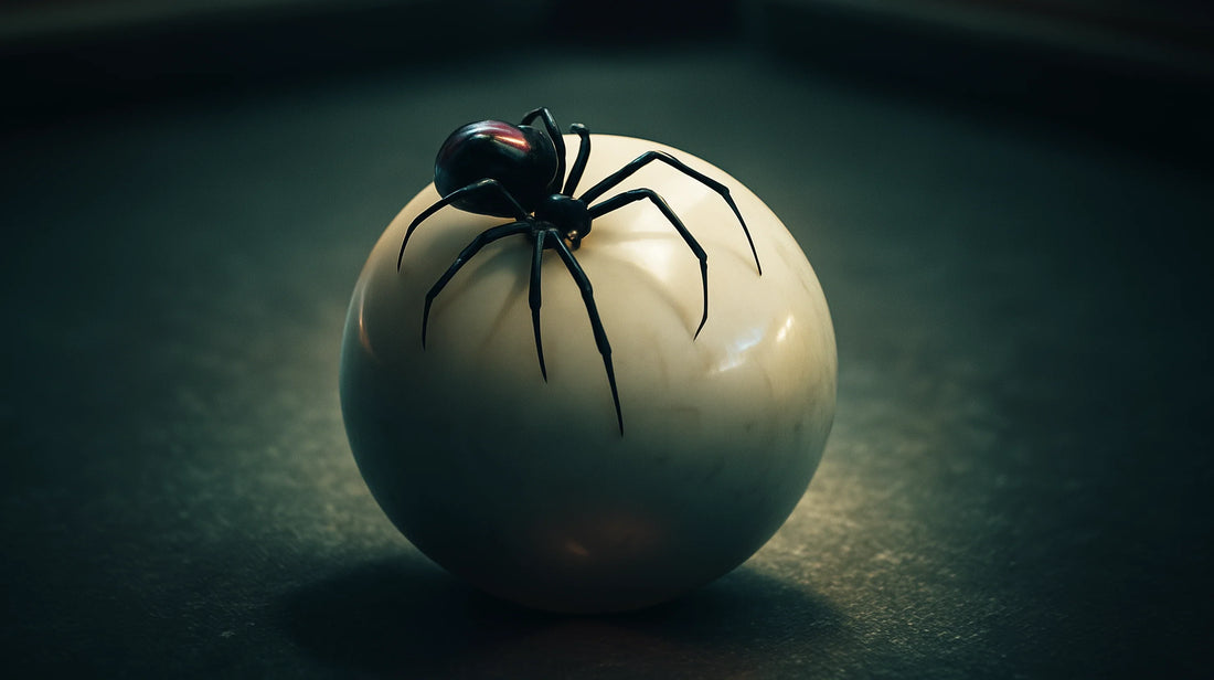 A black widow spider crawling on a cue ball