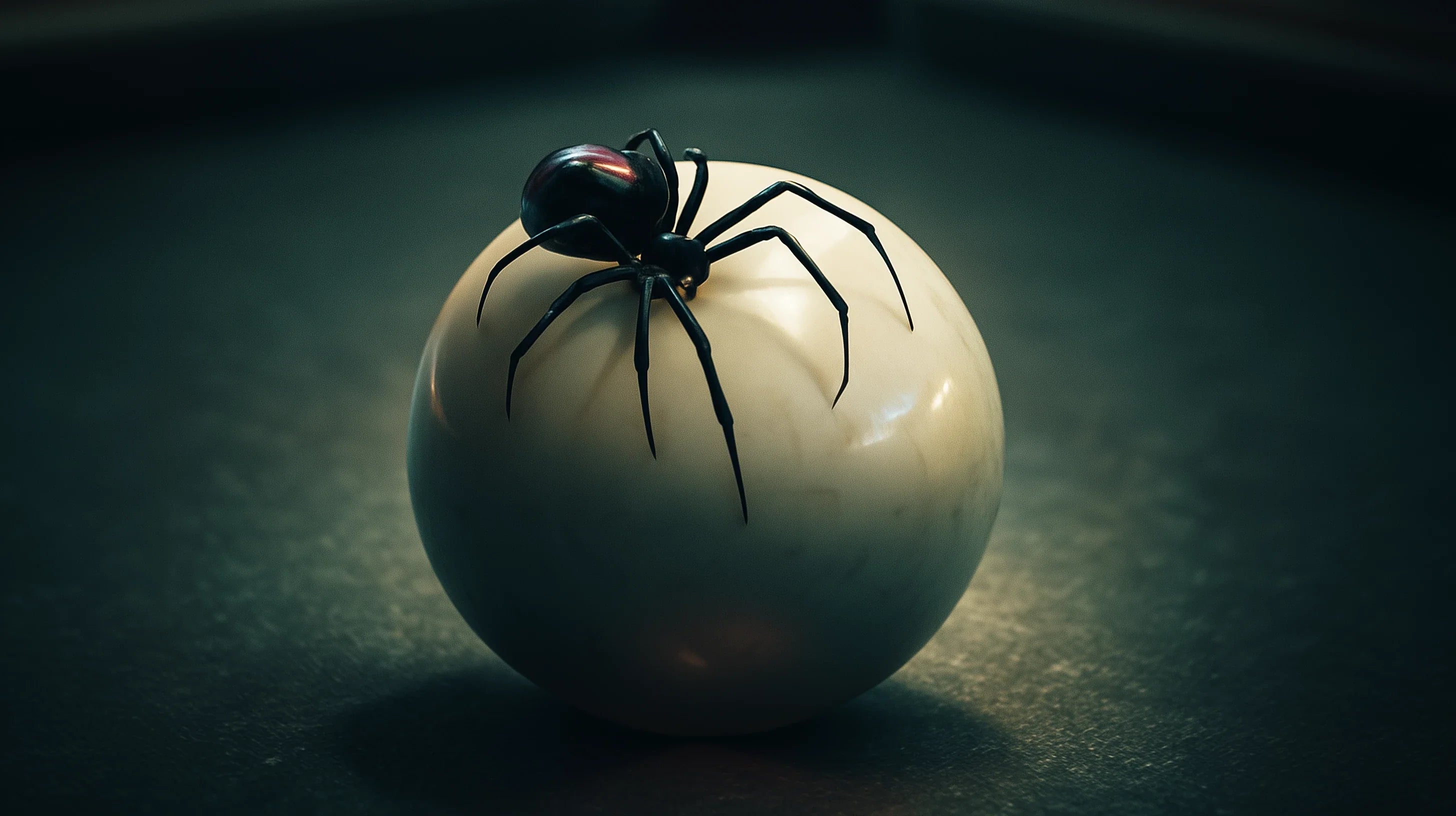 A black widow spider crawling on a cue ball
