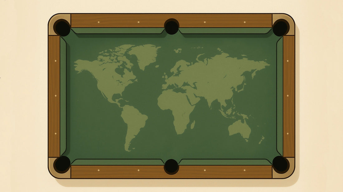 A map of the globe on the felt of a pool table