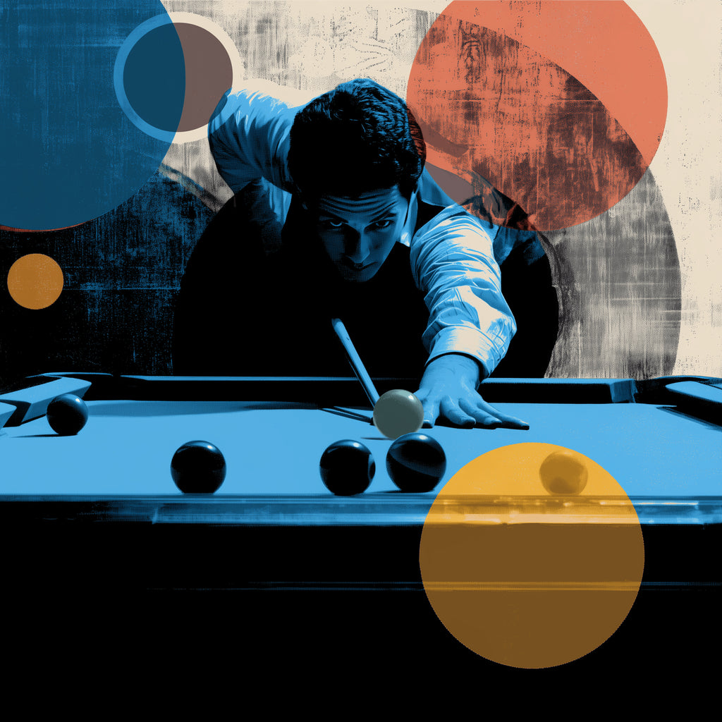 Confident pool player overlaid with color circles and shapes