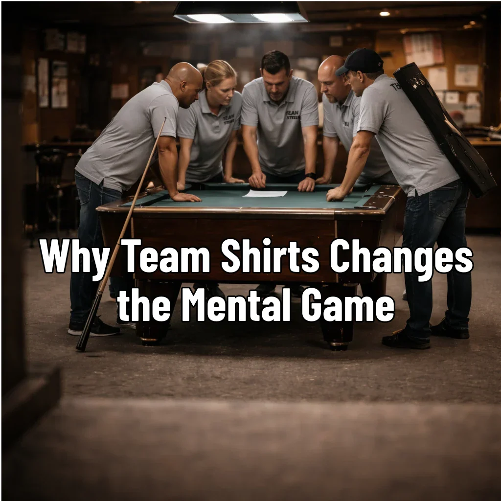 Pool league team wearing matching shirts during league night competition
