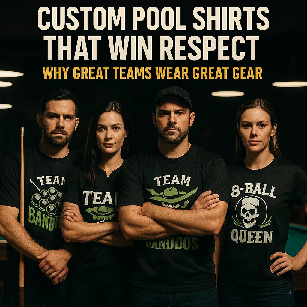 Four pool players with serious looks wearing custom t-shirts