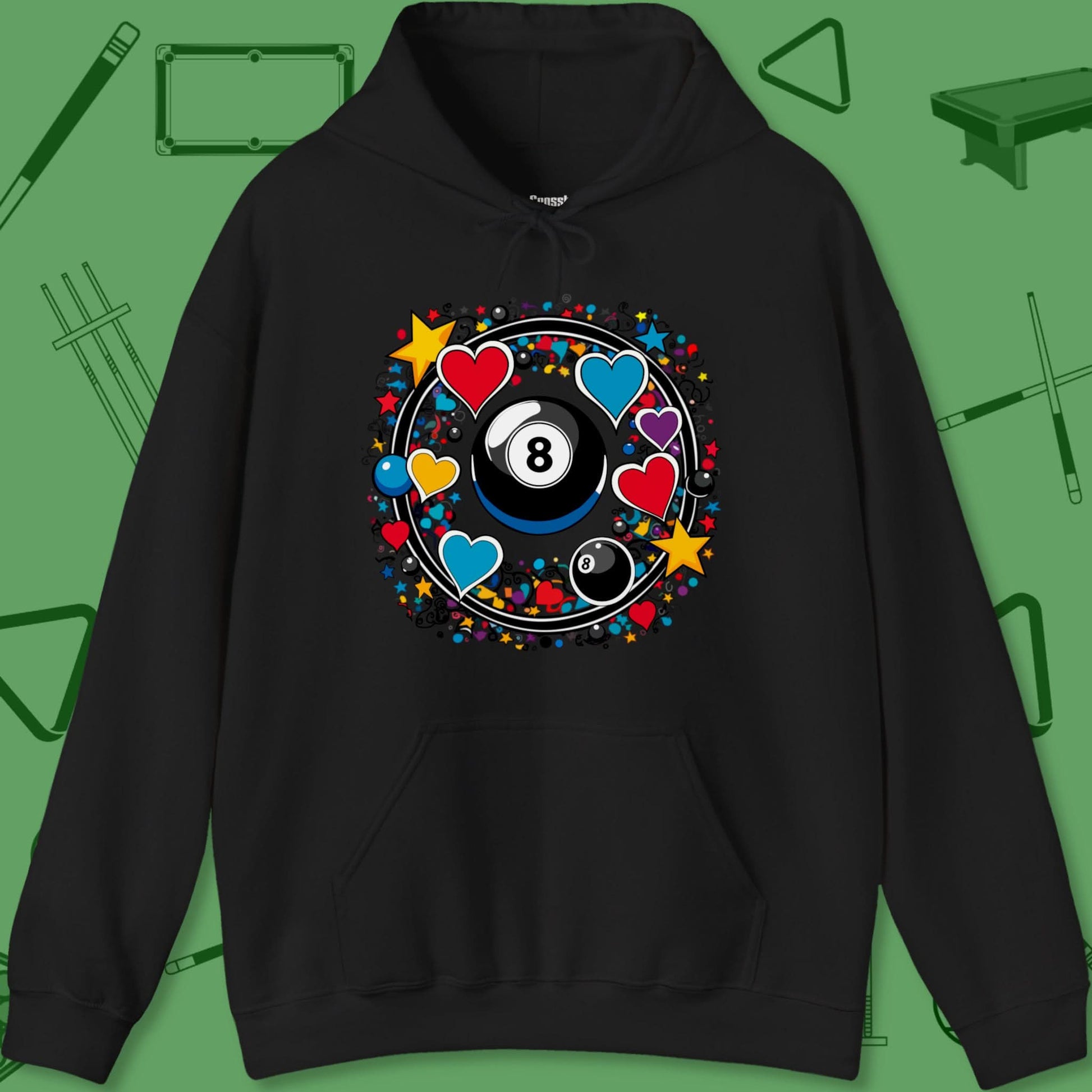 A Hoodie with billiards-themed design from Crossbank Clothing