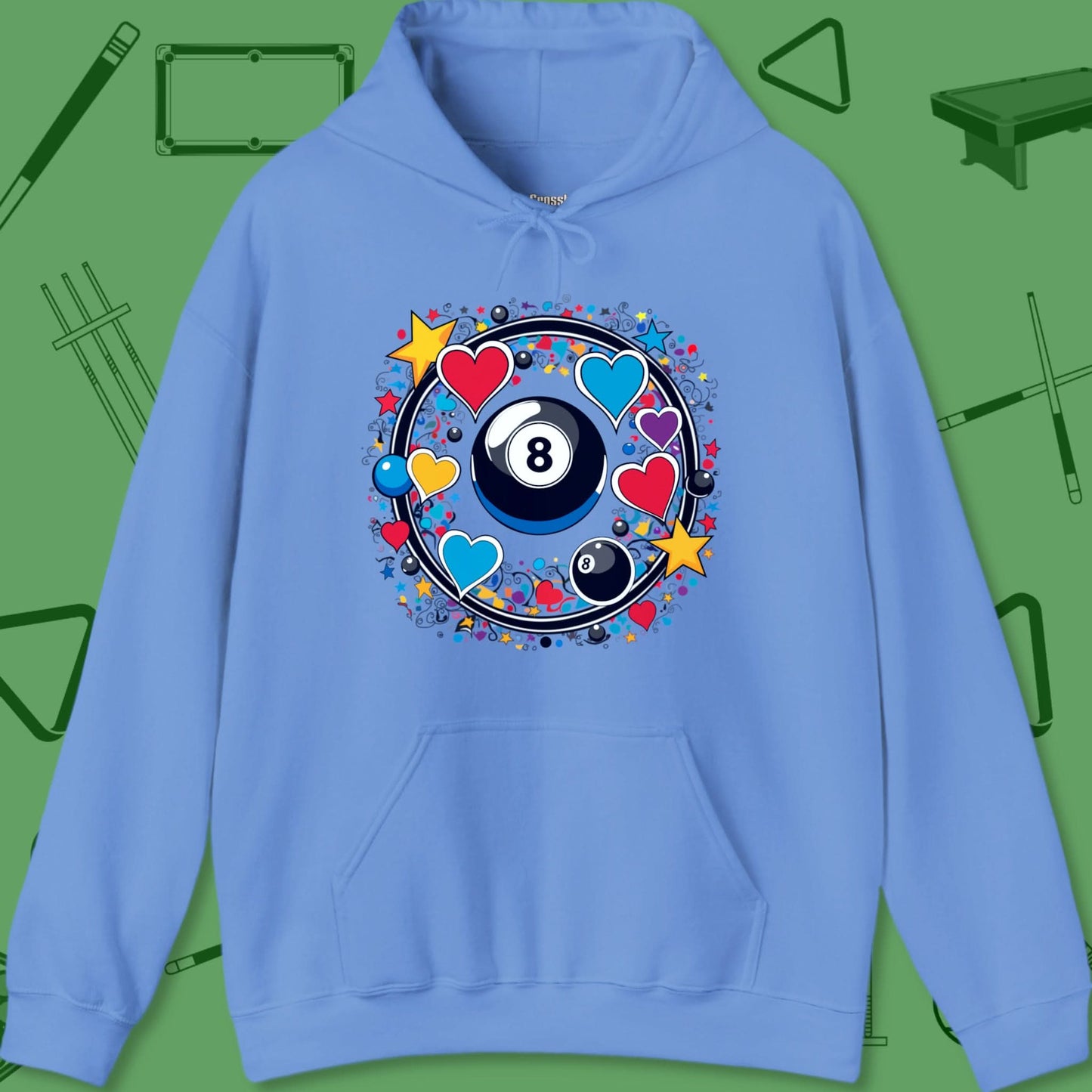 A Hoodie with billiards-themed design from Crossbank Clothing