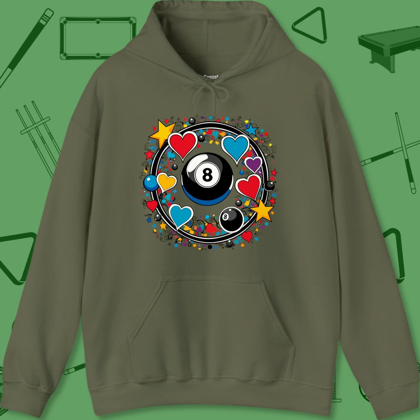 A Hoodie with billiards-themed design from Crossbank Clothing