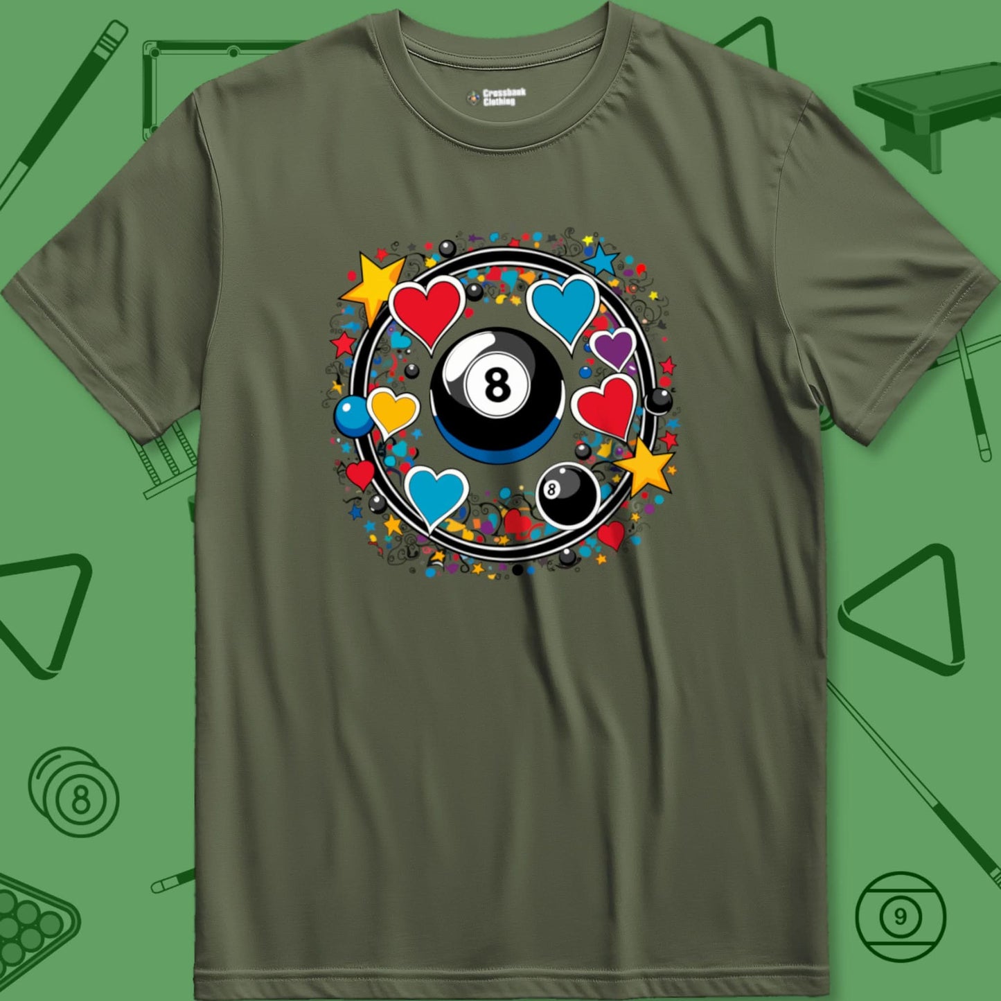 A T-Shirt with billiards-themed design from Crossbank Clothing