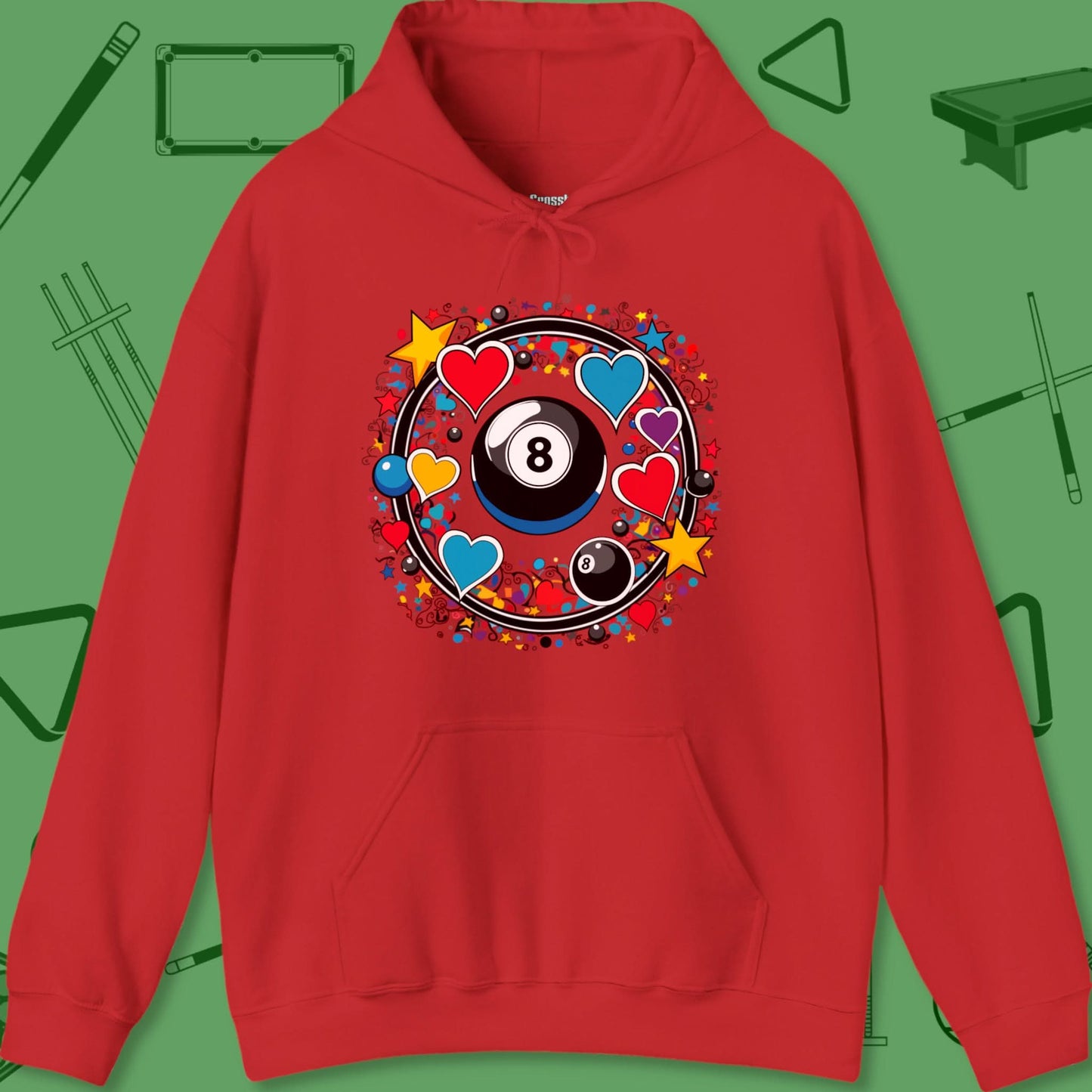 A Hoodie with billiards-themed design from Crossbank Clothing