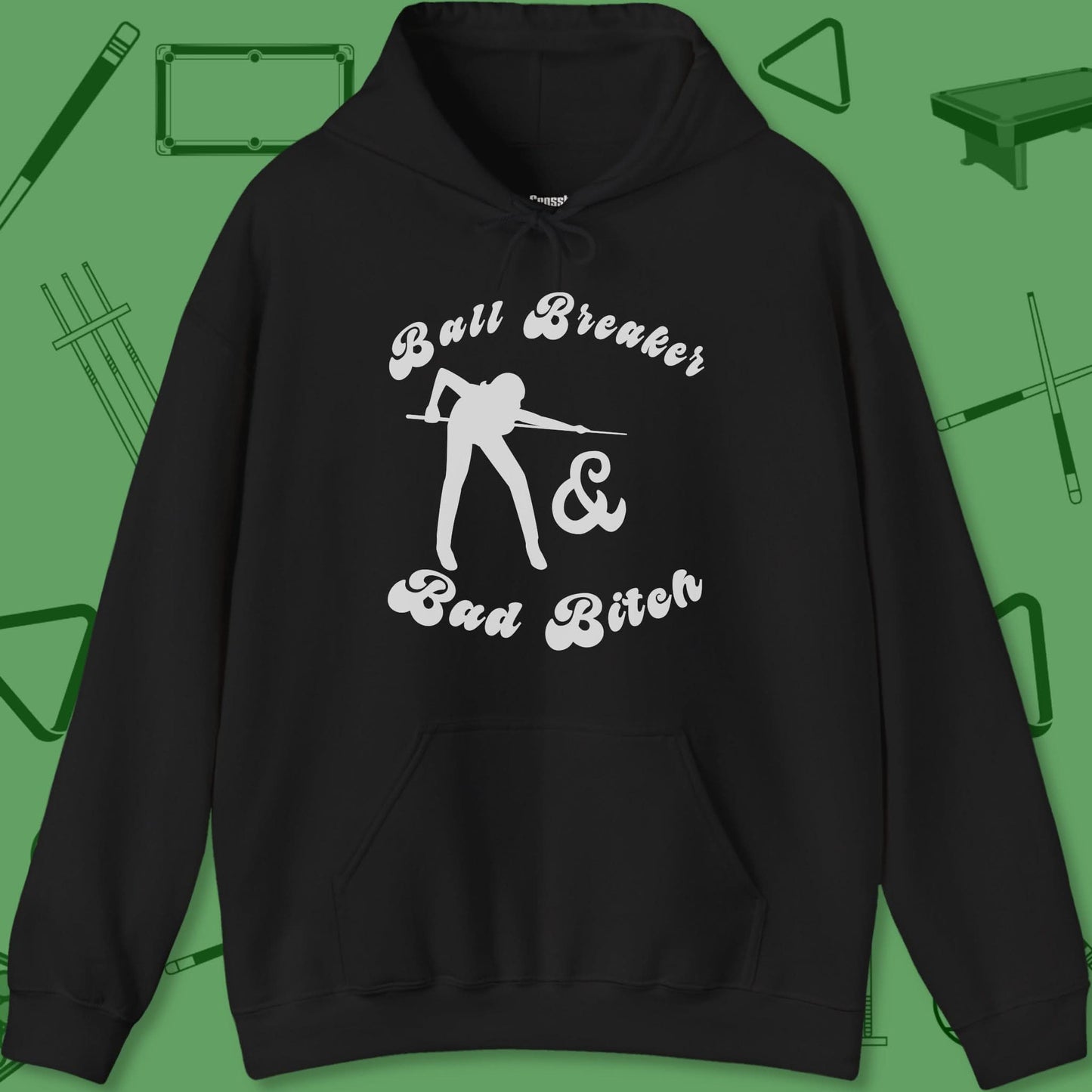 A Hoodie with billiards-themed design from Crossbank Clothing