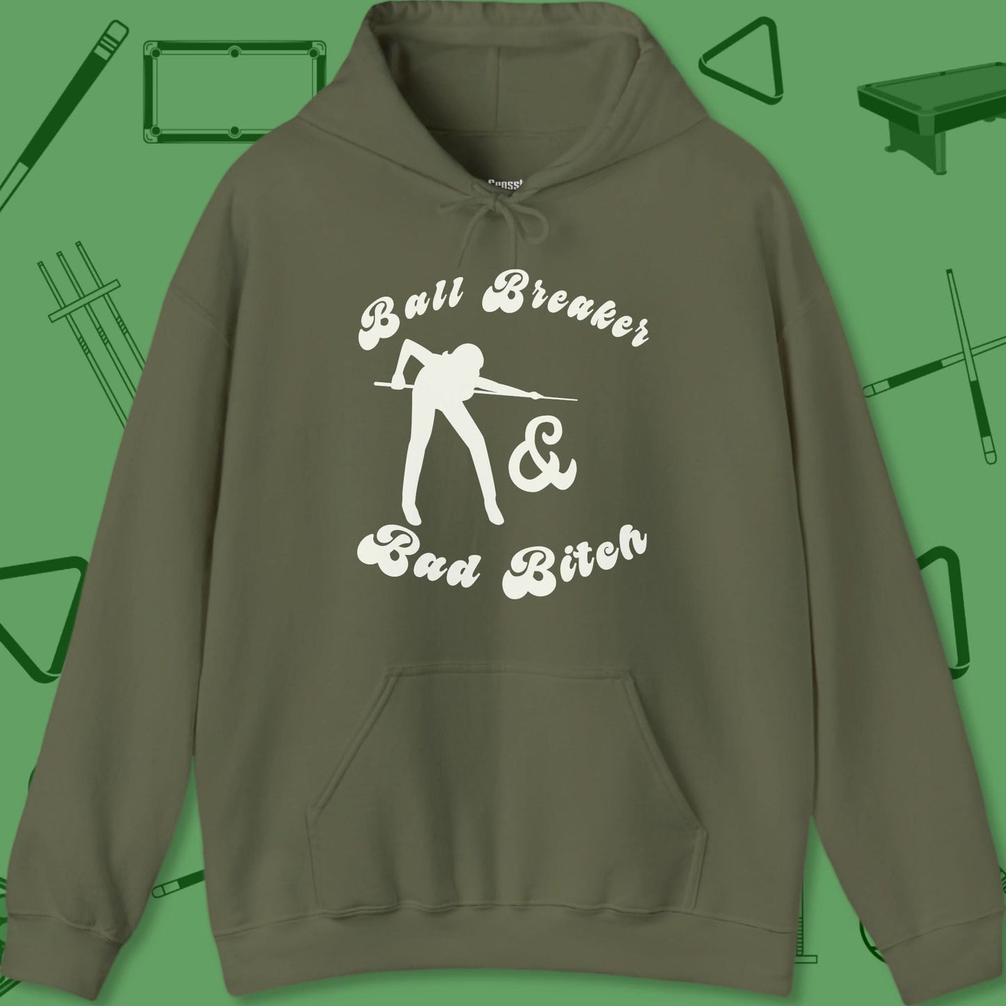 A Hoodie with billiards-themed design from Crossbank Clothing