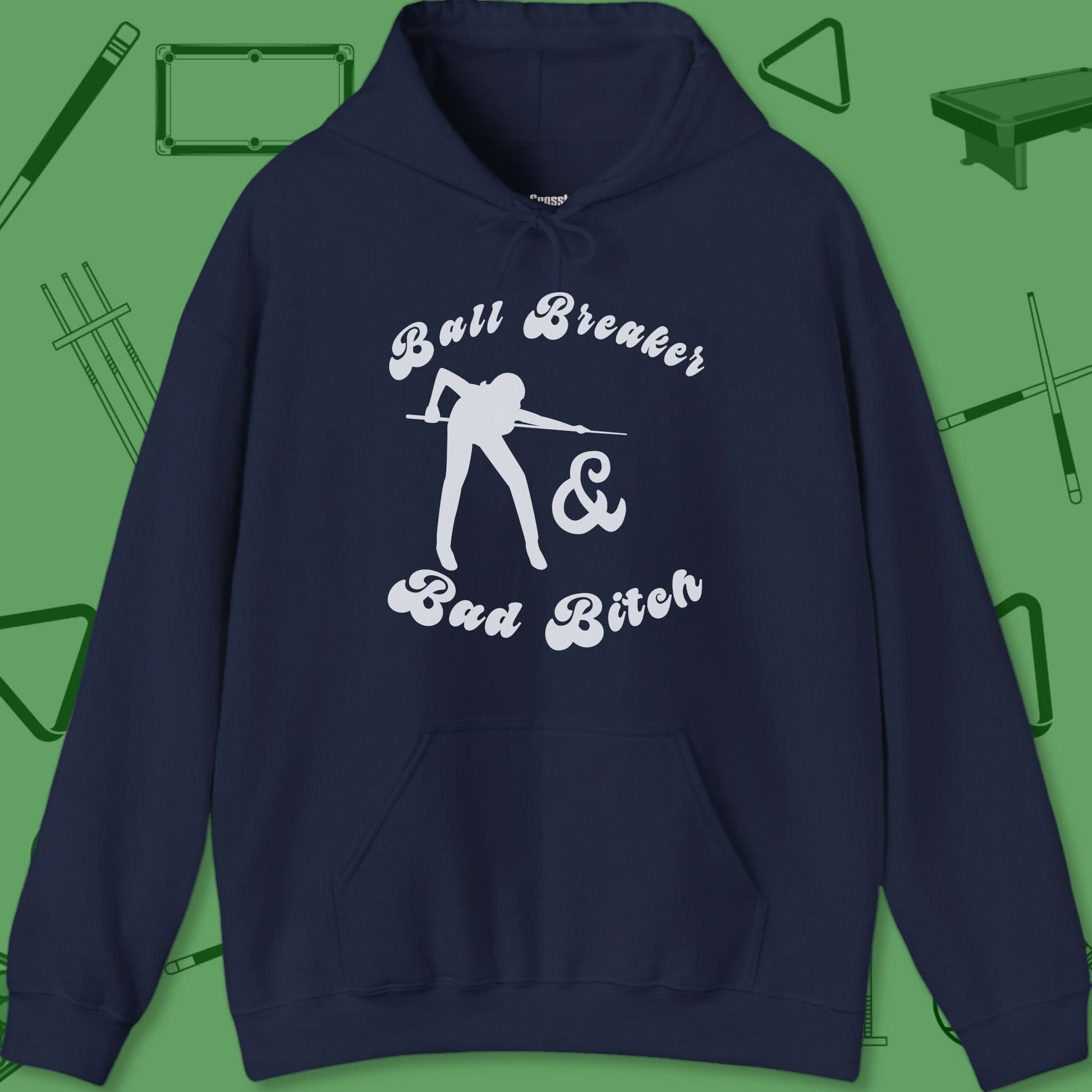 A Hoodie with billiards-themed design from Crossbank Clothing