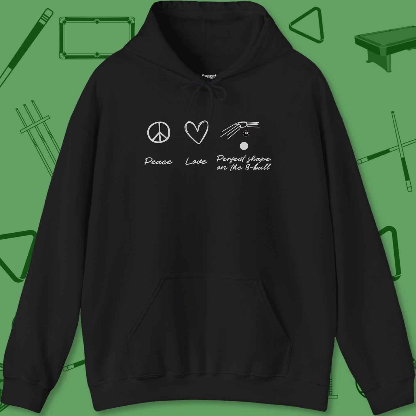 A Hoodie with billiards-themed design from Crossbank Clothing