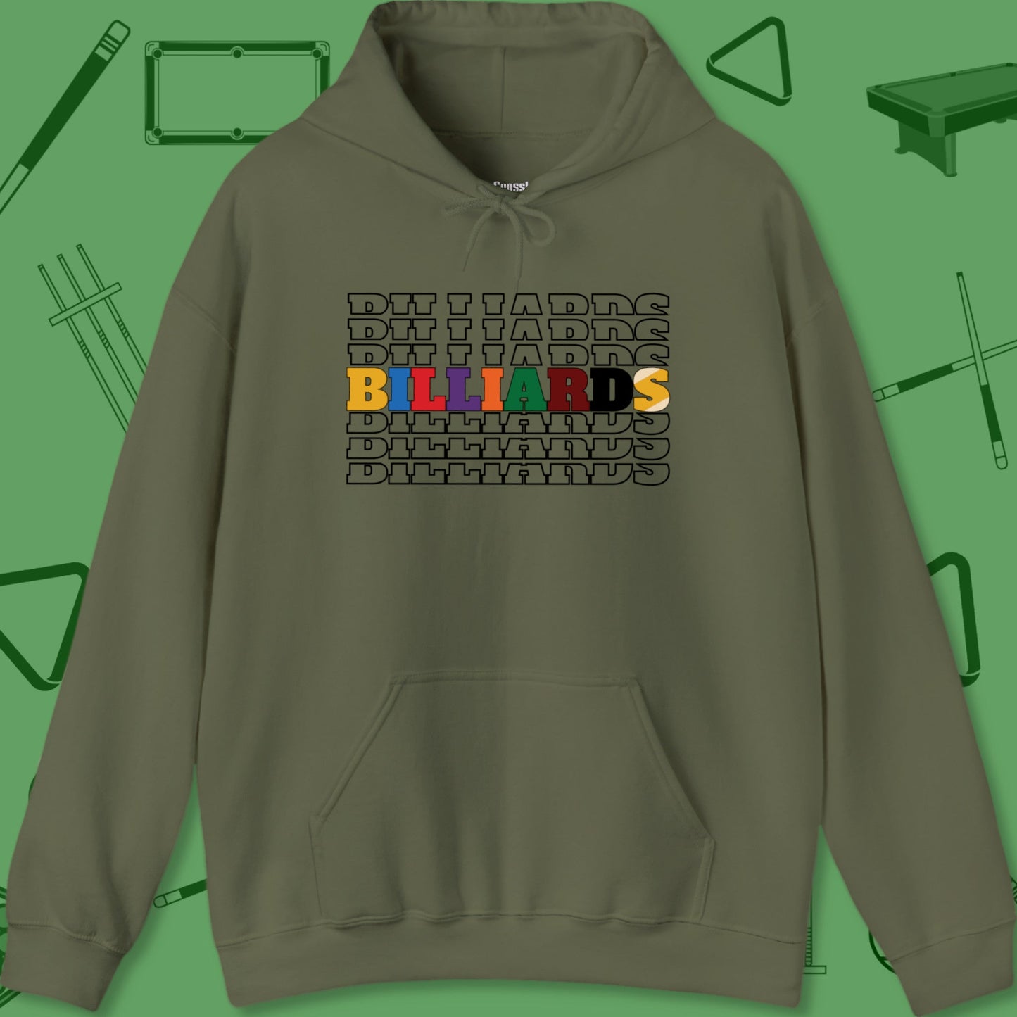 A Hoodie with billiards-themed design from Crossbank Clothing