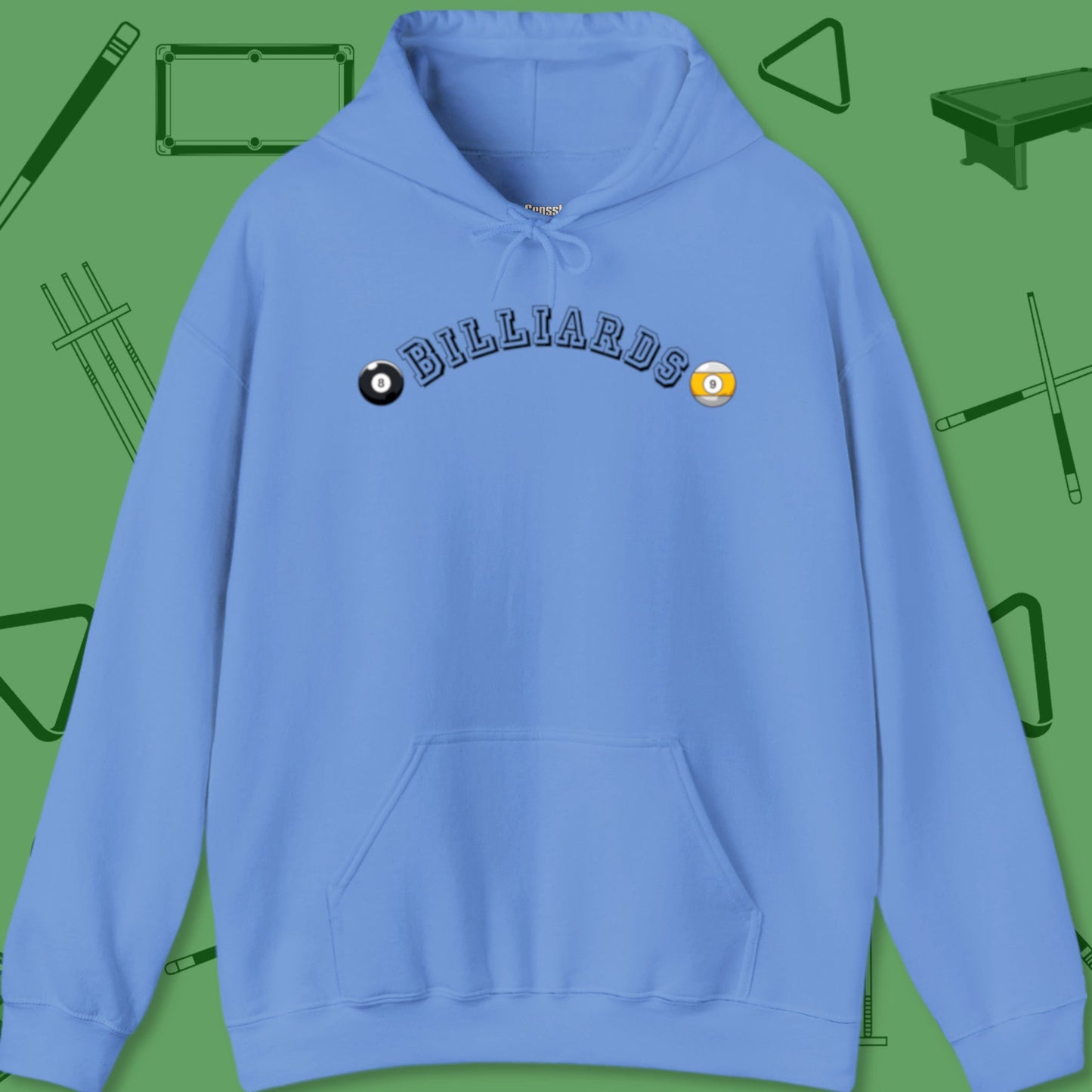 A Hoodie with billiards-themed design from Crossbank Clothing