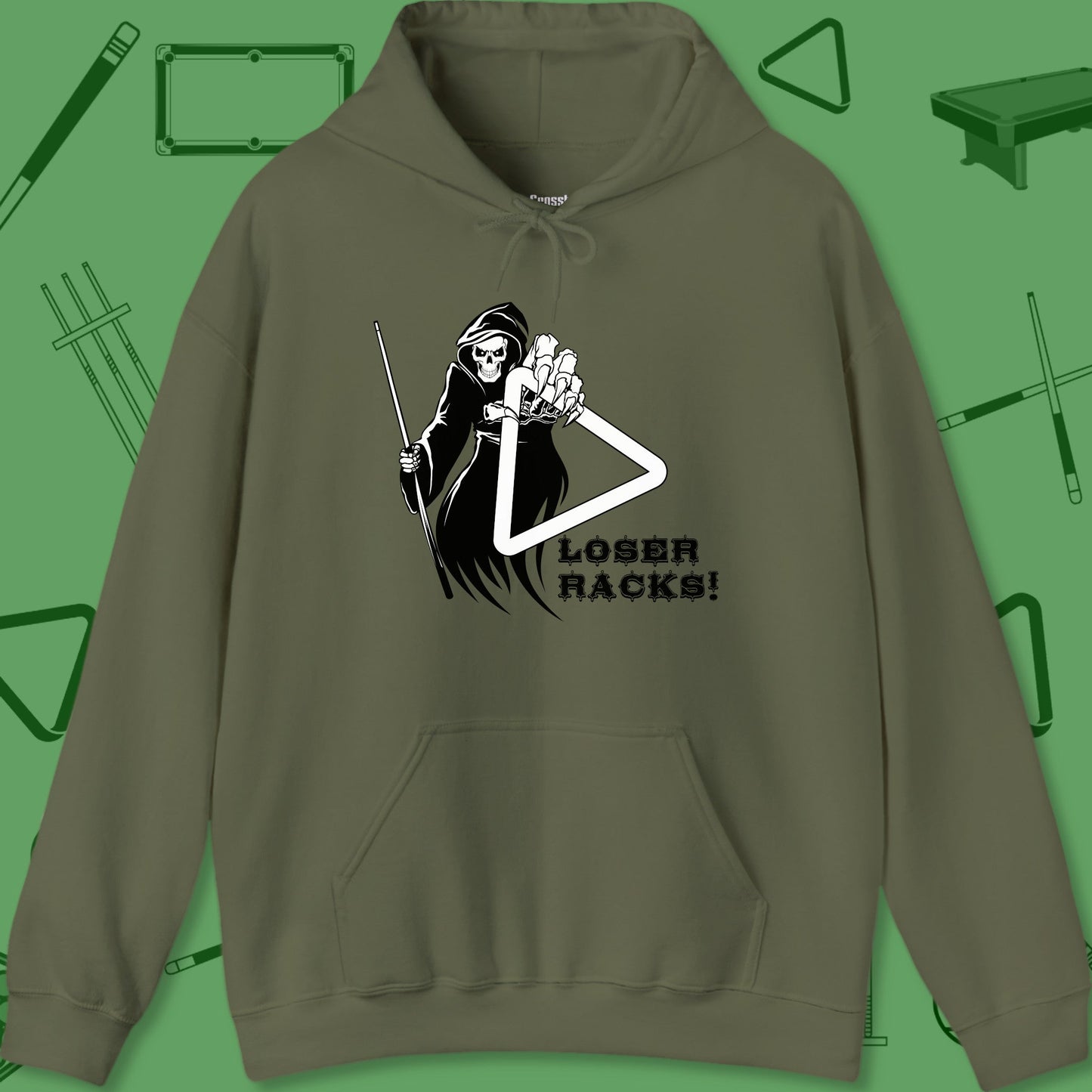 A Hoodie with billiards-themed design from Crossbank Clothing