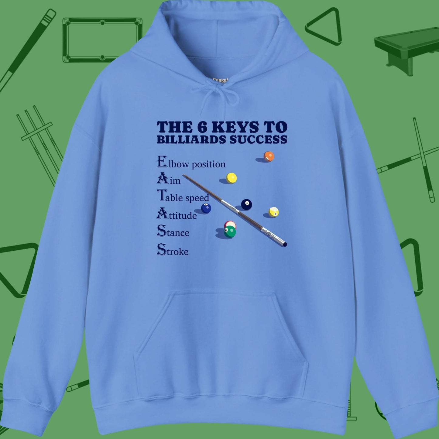 A Hoodie with billiards-themed design from Crossbank Clothing