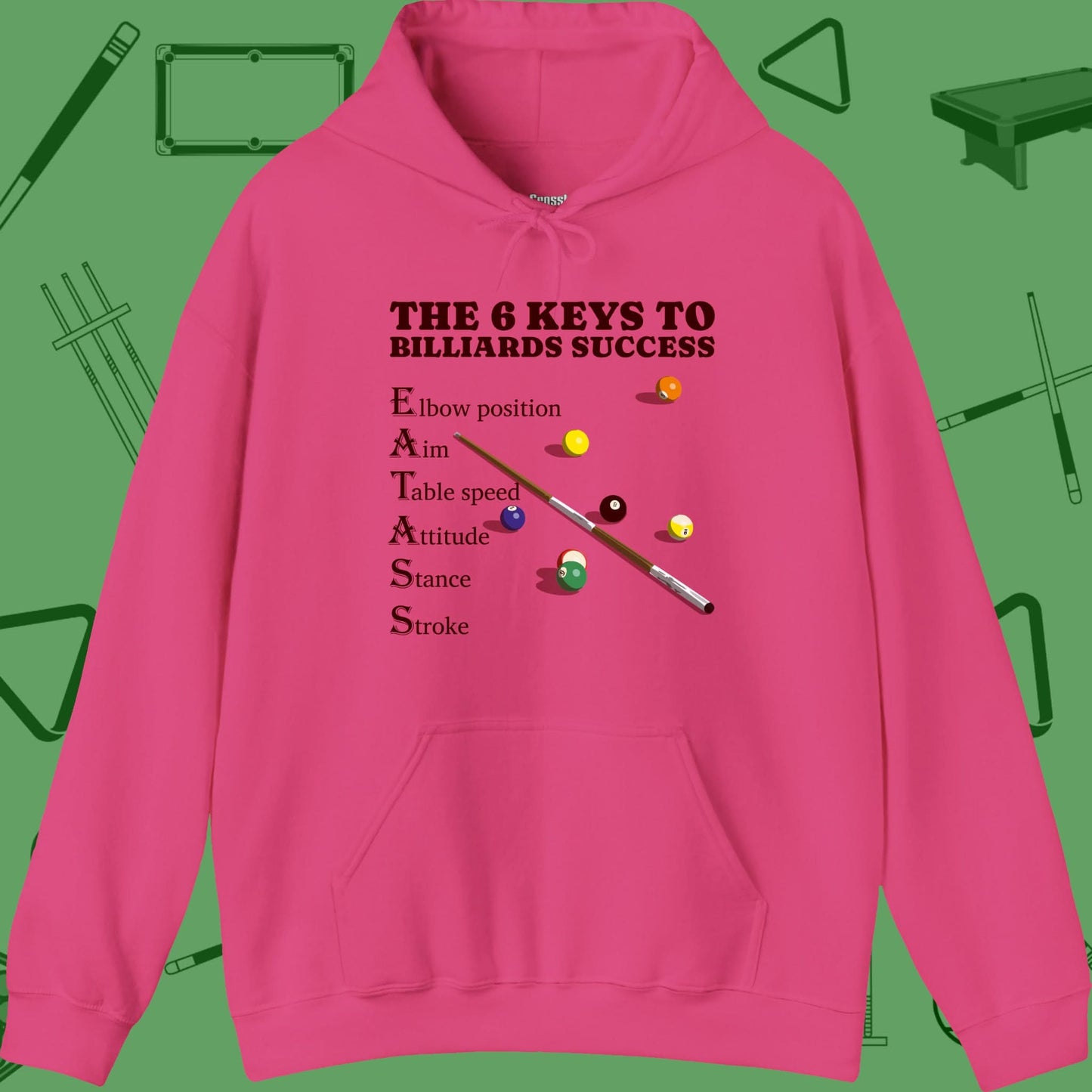 A Hoodie with billiards-themed design from Crossbank Clothing