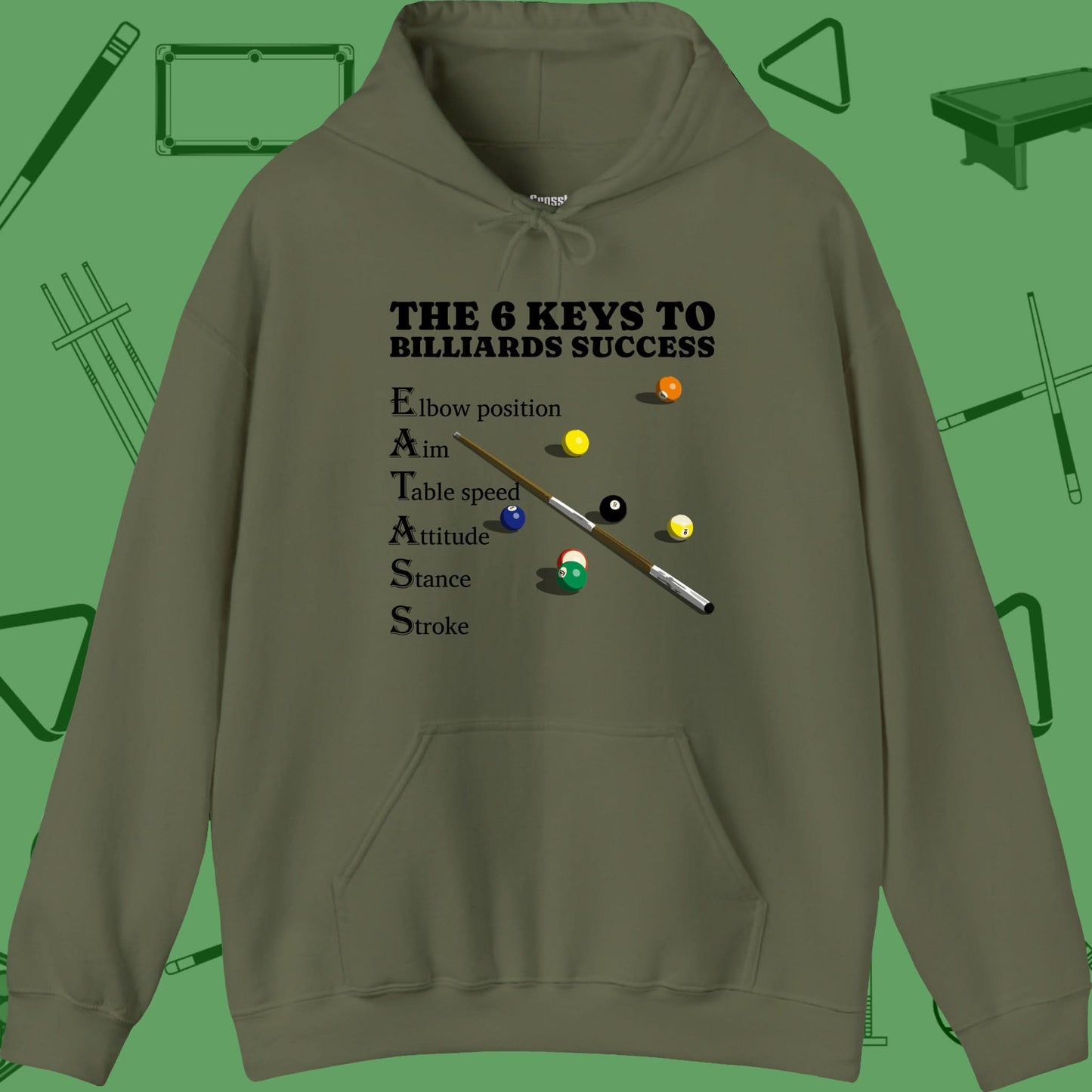 A Hoodie with billiards-themed design from Crossbank Clothing