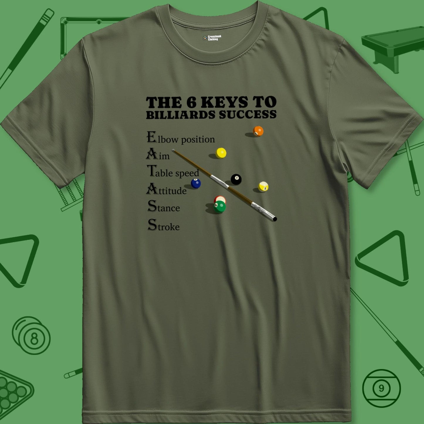 A T-Shirt with billiards-themed design from Crossbank Clothing