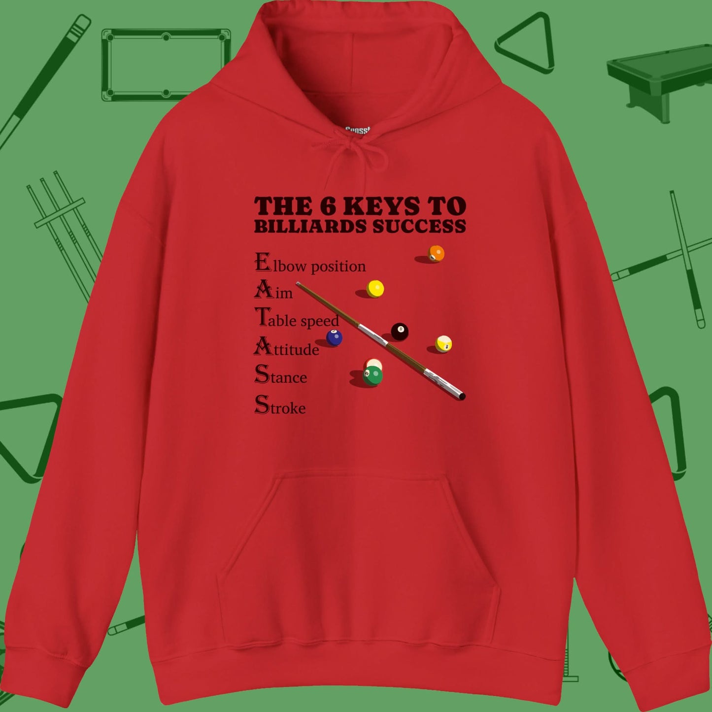 A Hoodie with billiards-themed design from Crossbank Clothing