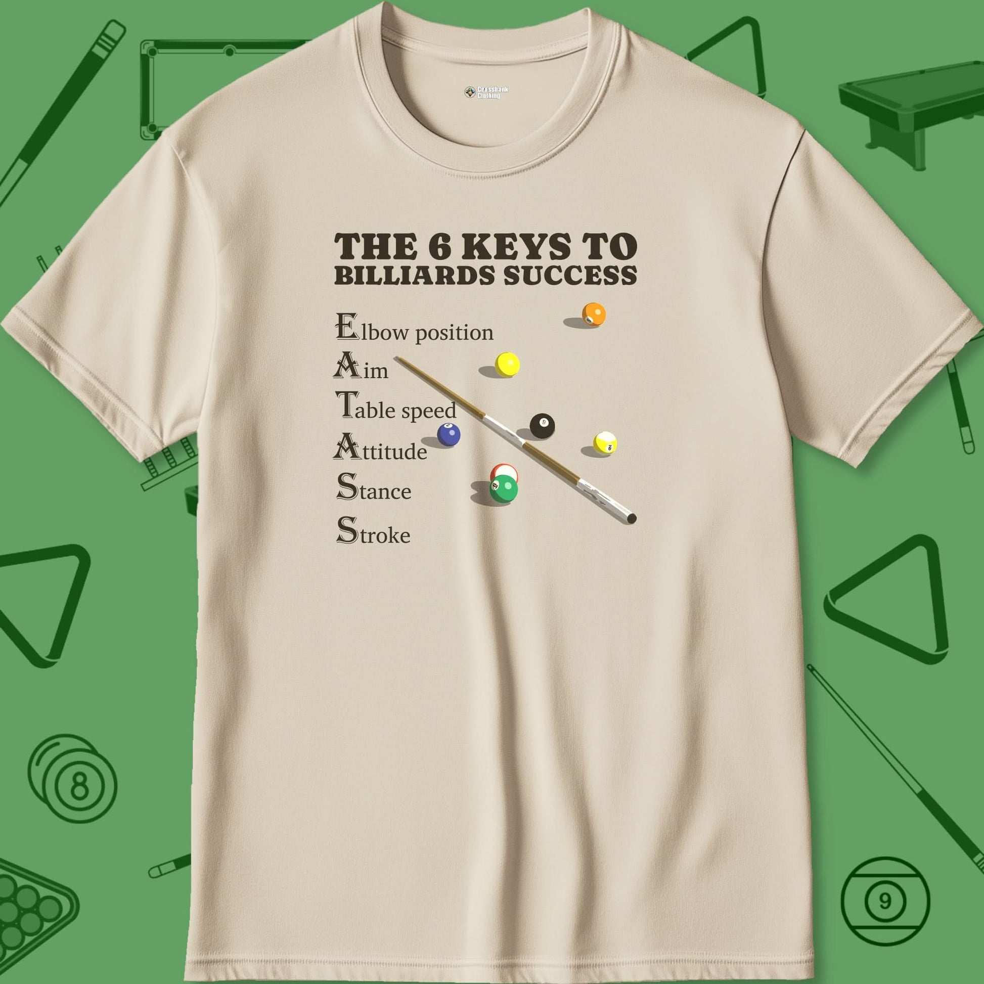 A T-Shirt with billiards-themed design from Crossbank Clothing