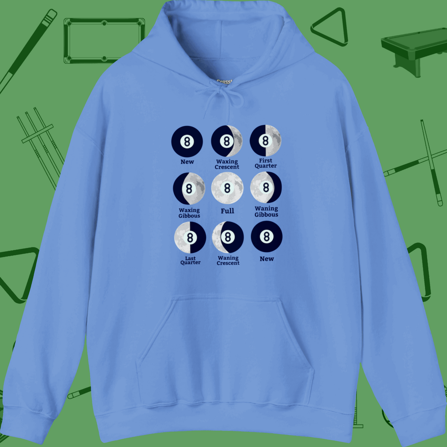 A Hoodie with billiards-themed design from Crossbank Clothing