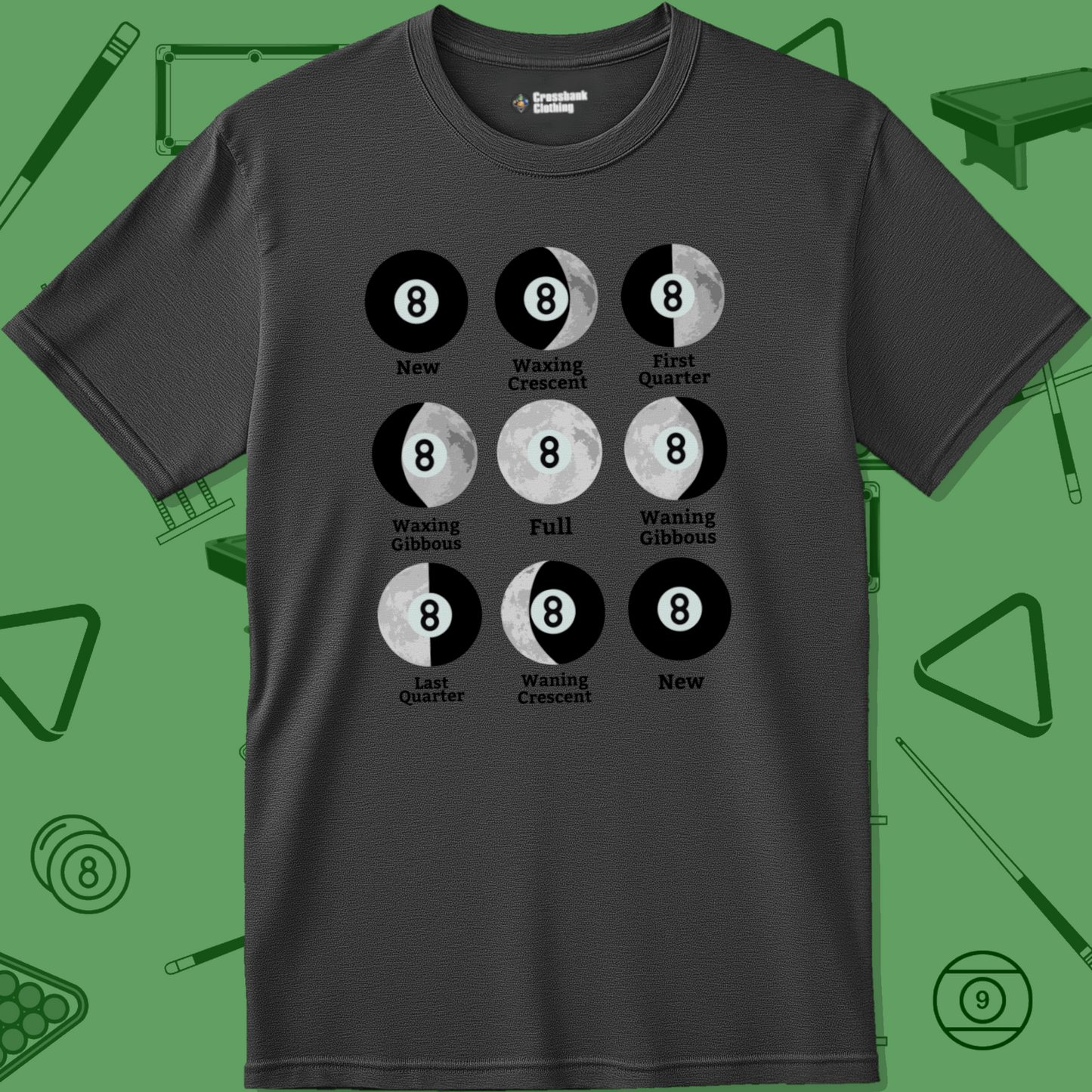 A T-Shirt with billiards-themed design from Crossbank Clothing