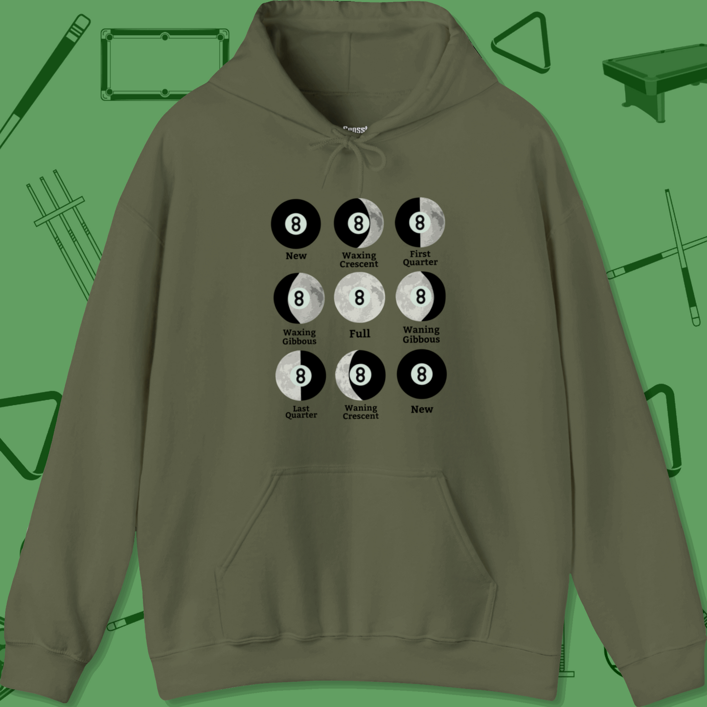 A Hoodie with billiards-themed design from Crossbank Clothing