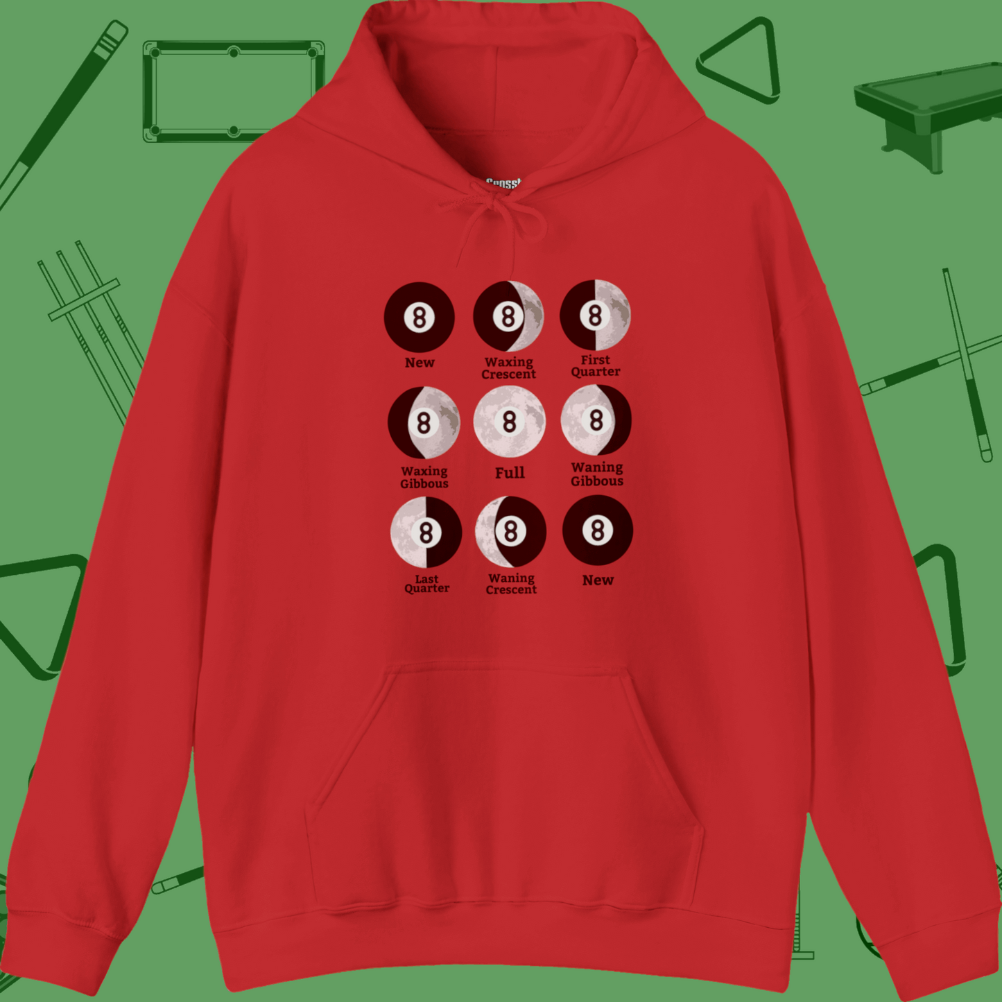 A Hoodie with billiards-themed design from Crossbank Clothing