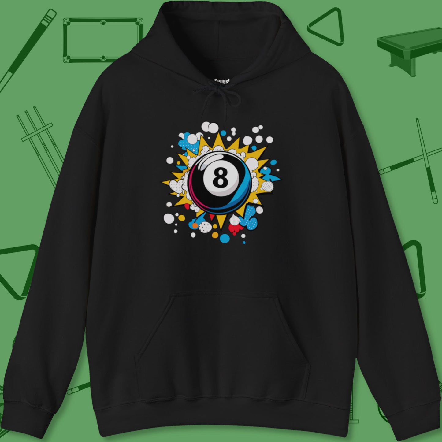 A Hoodie with billiards-themed design from Crossbank Clothing