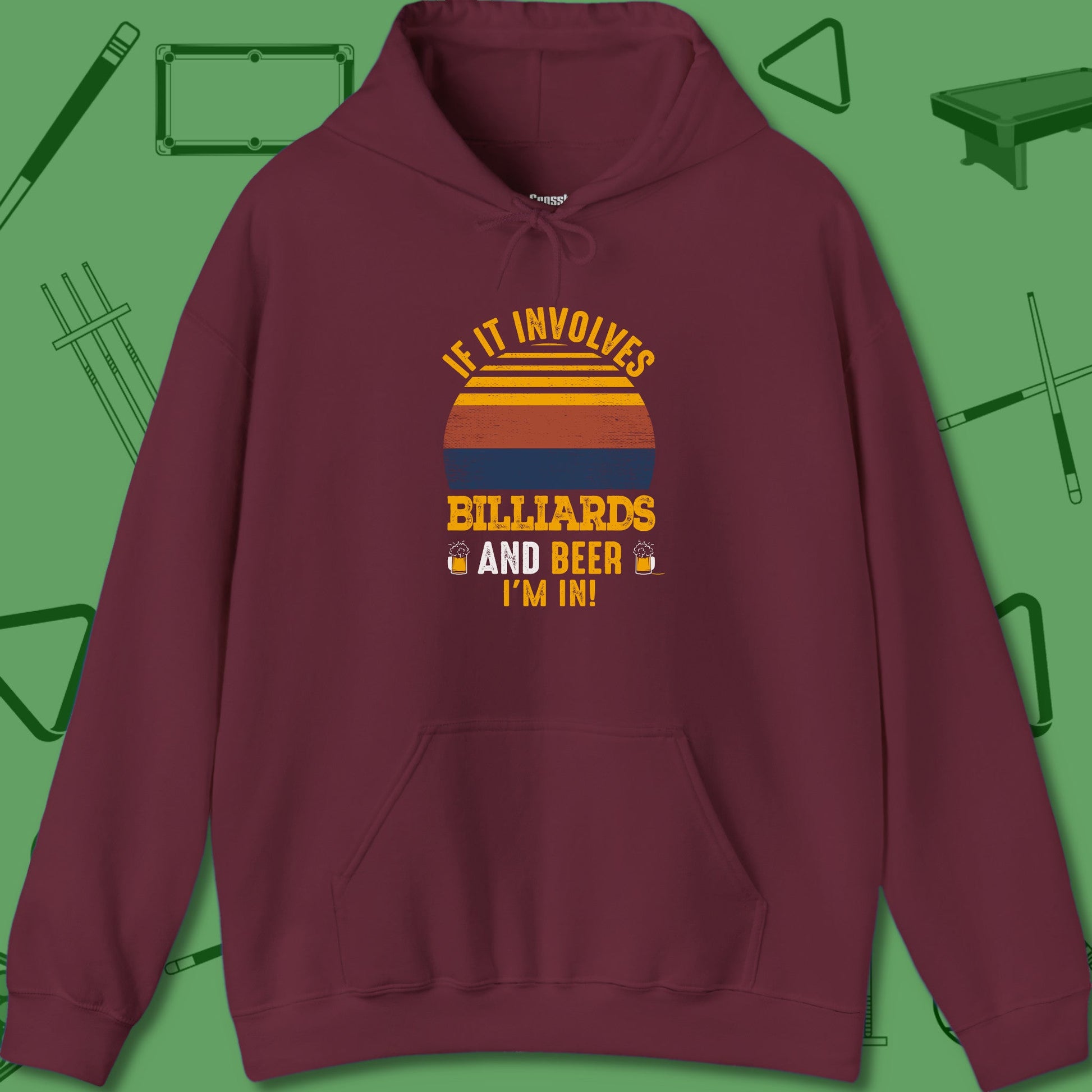 A Hoodie with billiards-themed design from Crossbank Clothing