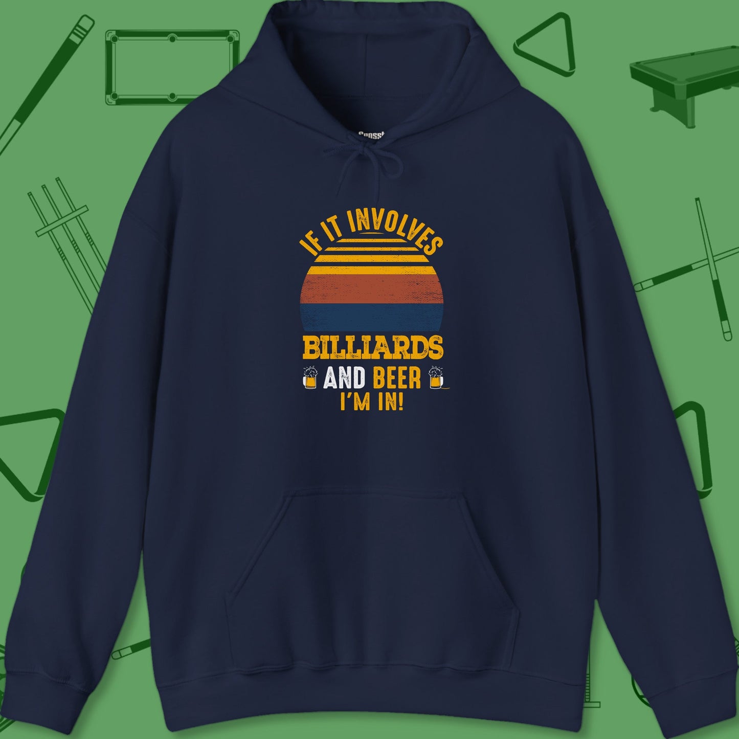 A Hoodie with billiards-themed design from Crossbank Clothing