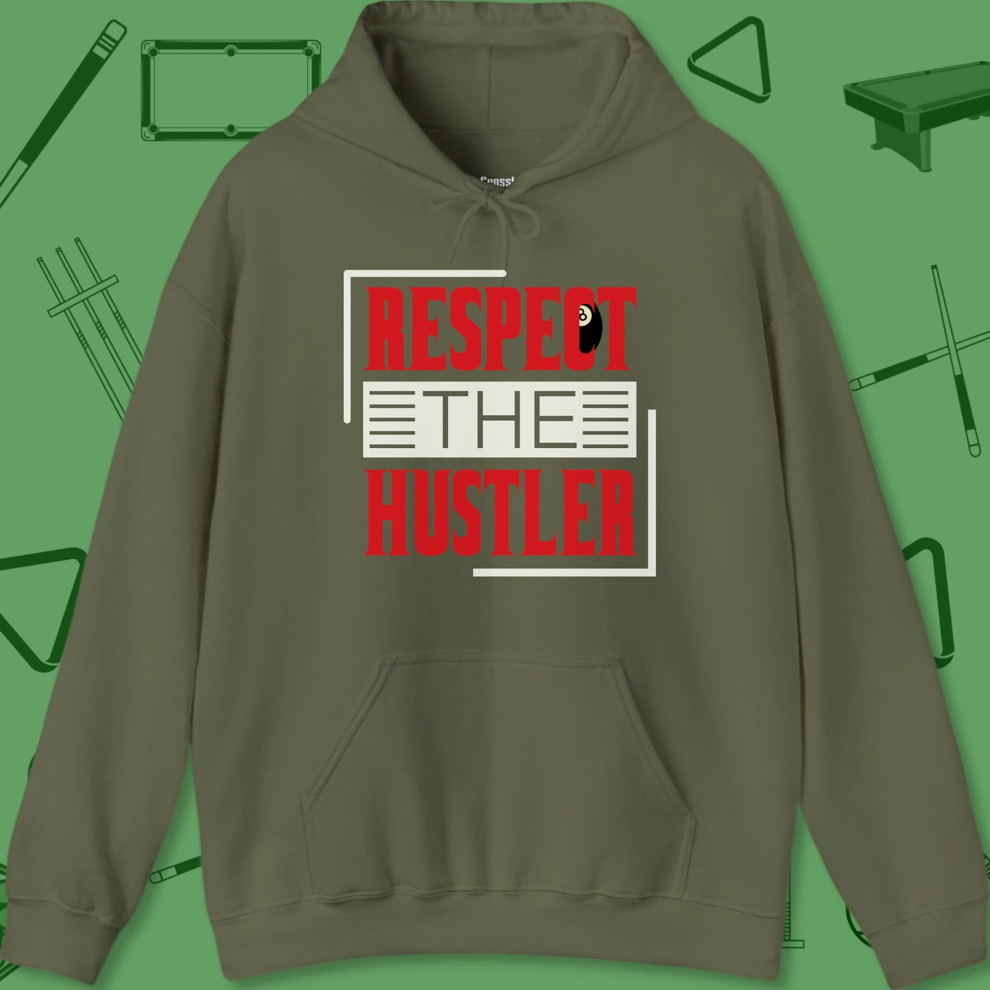 A Hoodie titled "Respect The Hustler Hoodie - Fierce Pool Design | 7 Colors" from Crossbank Clothing