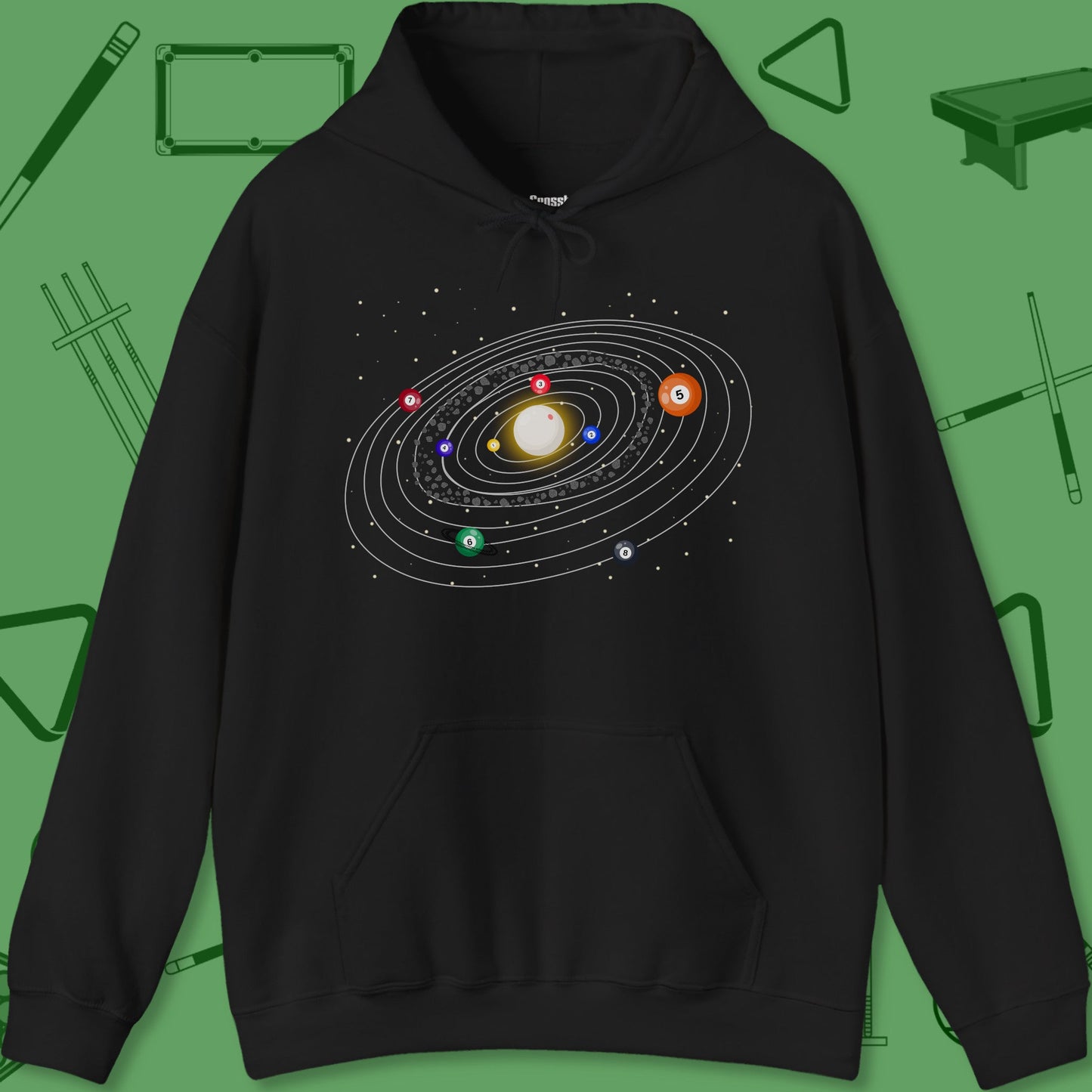 A Hoodie with billiards-themed design from Crossbank Clothing