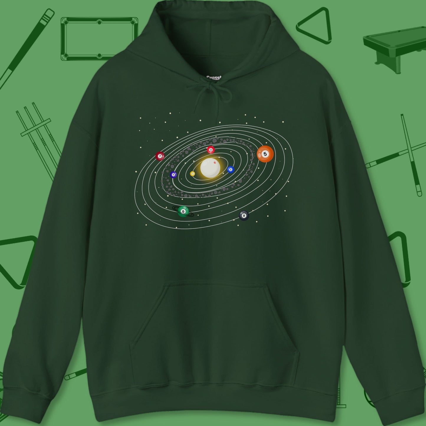 A Hoodie with billiards-themed design from Crossbank Clothing