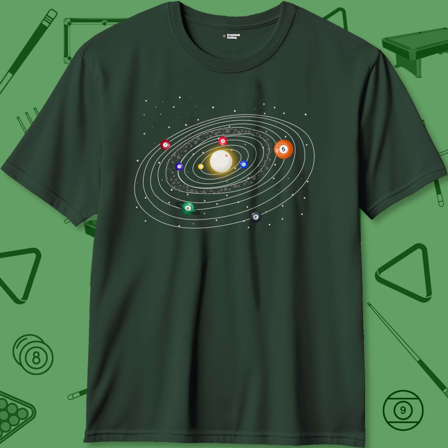 A T-Shirt with billiards-themed design from Crossbank Clothing