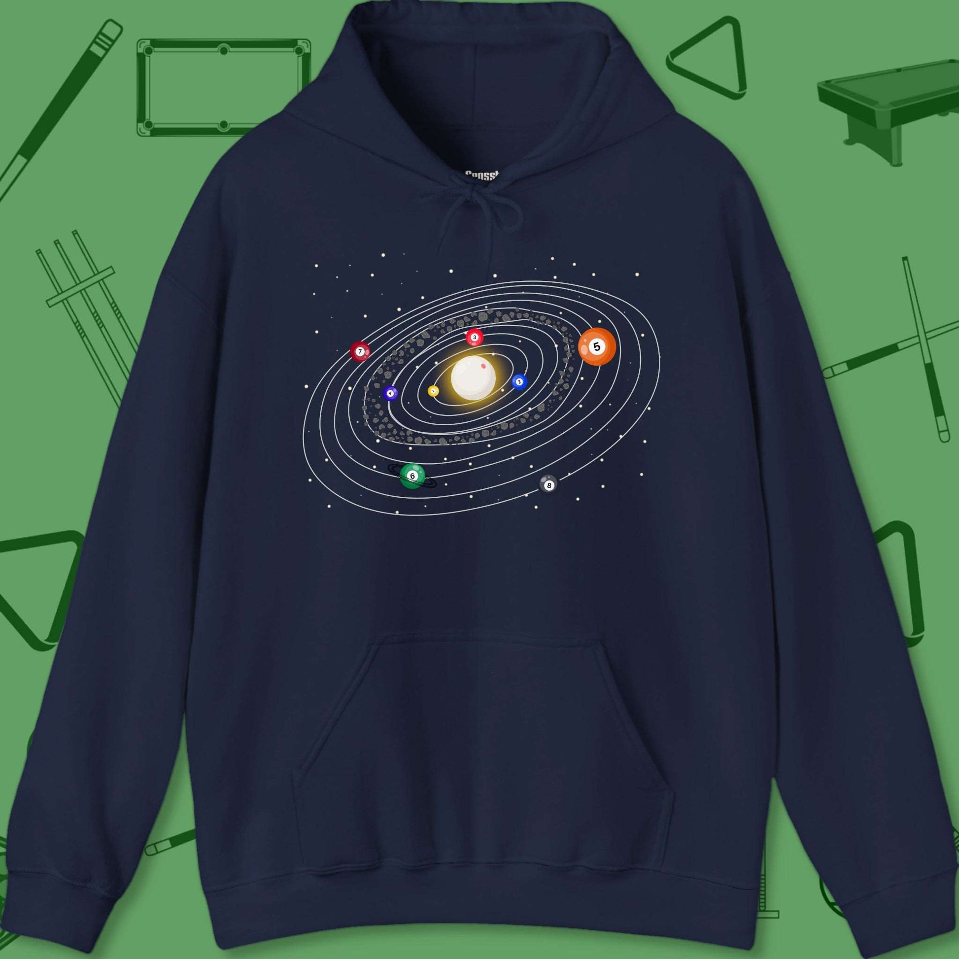 A Hoodie with billiards-themed design from Crossbank Clothing