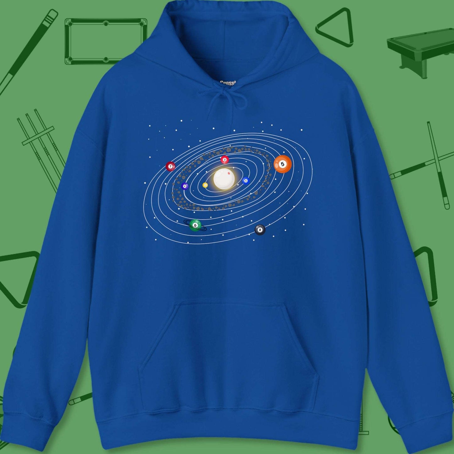 A Hoodie with billiards-themed design from Crossbank Clothing