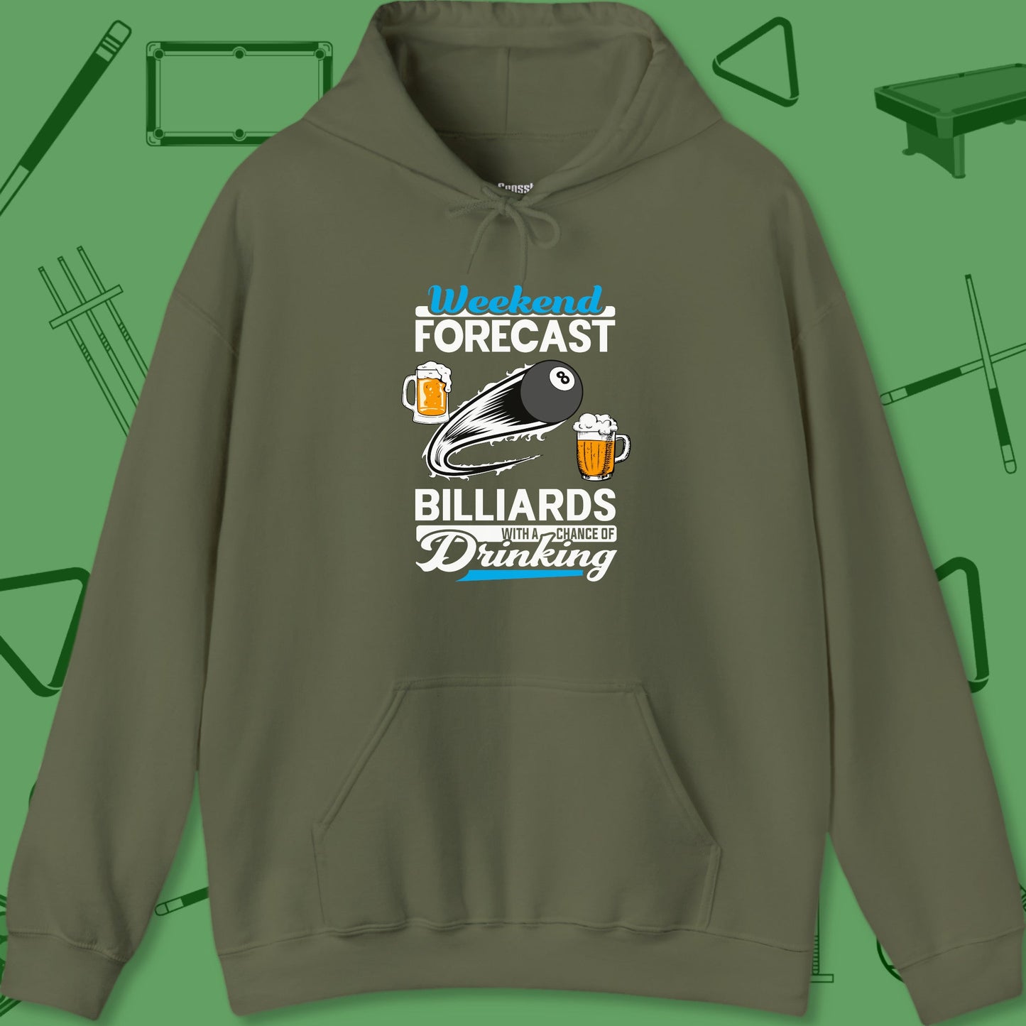 A Hoodie with billiards-themed design from Crossbank Clothing