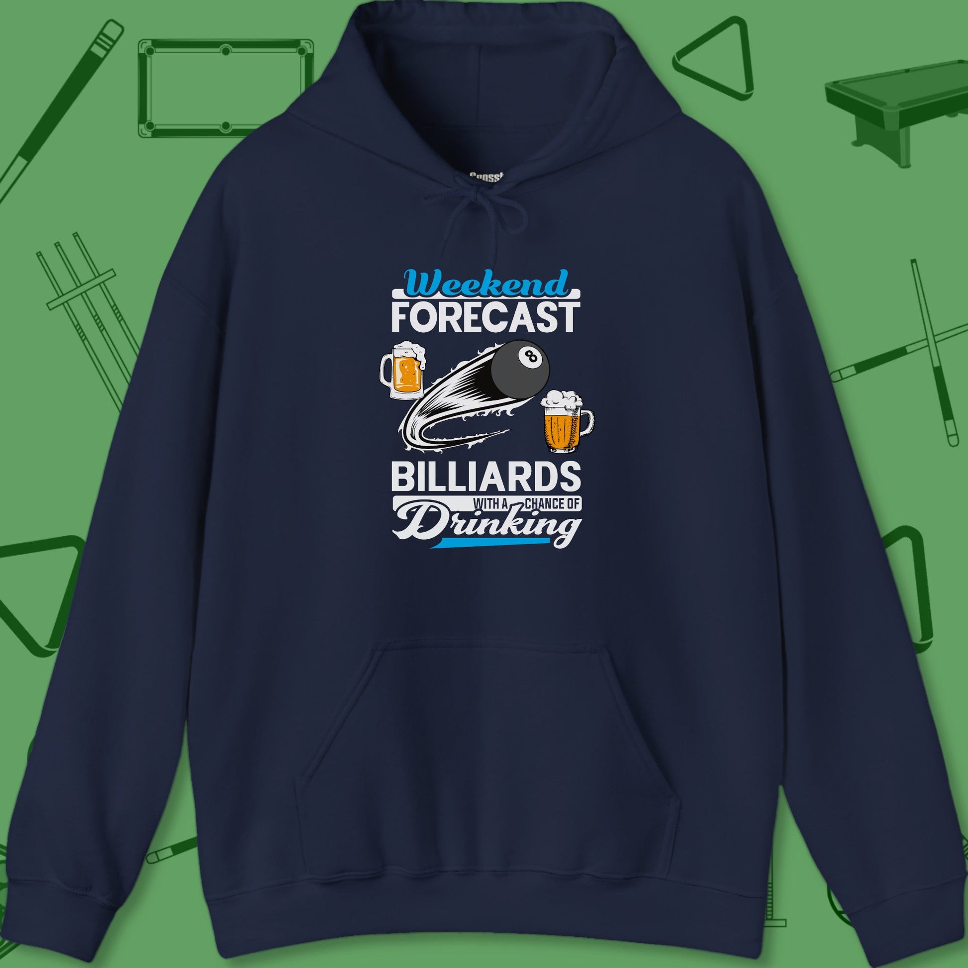 A Hoodie with billiards-themed design from Crossbank Clothing