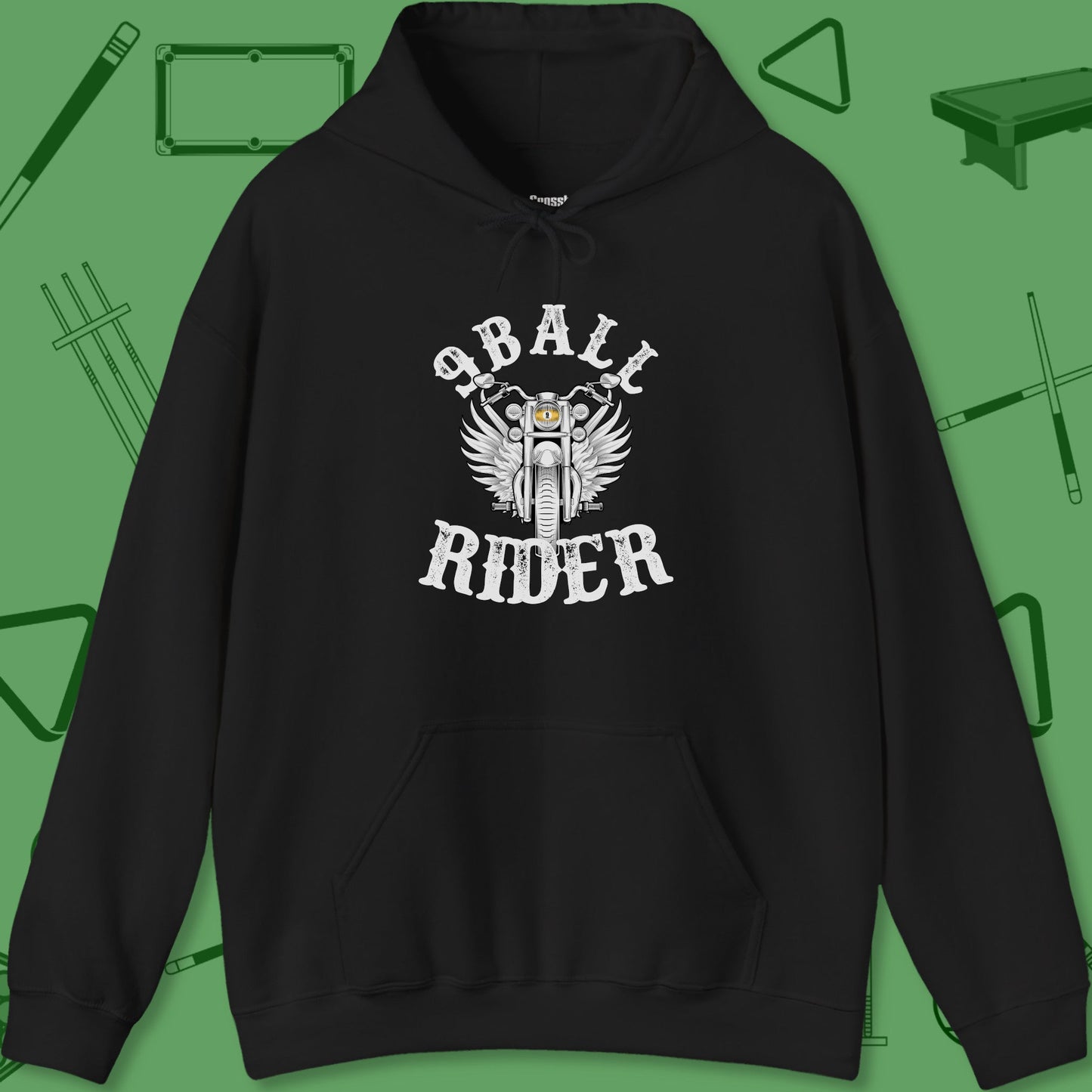 A Hoodie with billiards-themed design from Crossbank Clothing