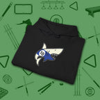 Pool Shark Hoodie, in Black color, billiards shirt, folded view