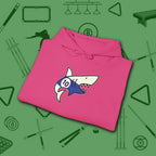 Pool Shark Hoodie, in Heliconia color, billiards shirt, folded view